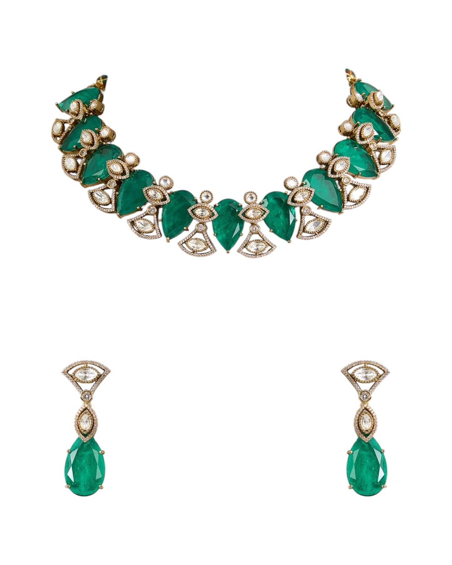 Gold Finish Kundan Polki & Deep Green Stone Choker Necklace Set - Auraa Trends - Necklace - - Auraa Trends - Gold Finish Kundan Polki & Deep Green Stone Choker Necklace Set