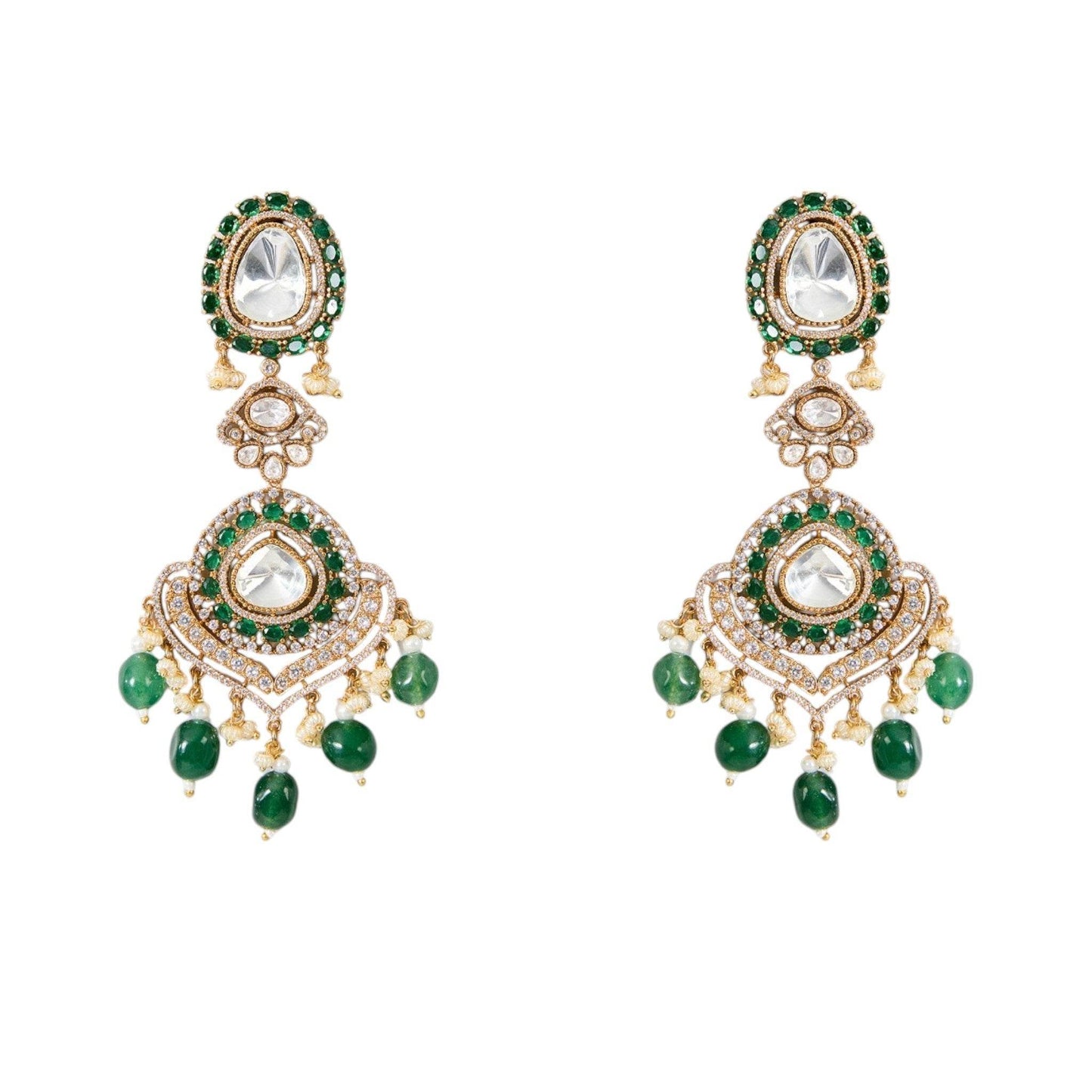 Gold Finish Kundan Polki & Emerald Green Drop Choker Necklace Set - Auraa Trends