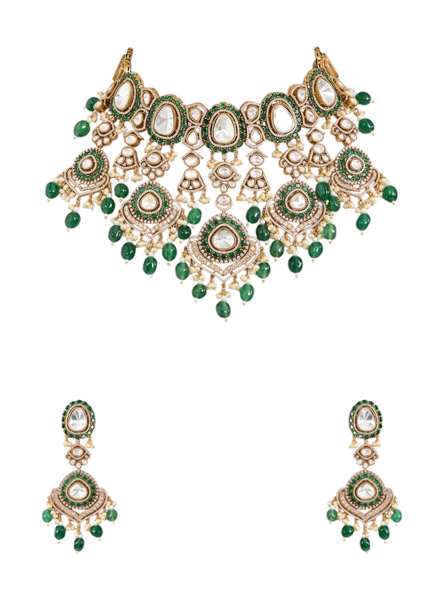 Gold Finish Kundan Polki & Emerald Green Drop Choker Necklace Set - Auraa Trends - Necklace - - Auraa Trends - Gold Finish Choker Necklace with Kundan Polki and Emerald Green Drops Traditional Kundan Polki Choker Set with Matching Earrings Bridal Emerald Drop Choker Necklace for Women Indian Ethnic Necklace Set with Polki Stones and Emerald Accents