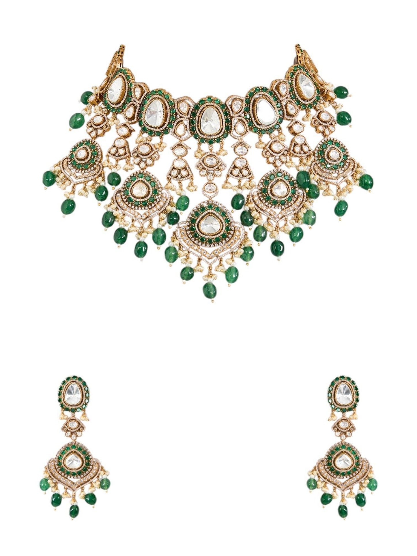 Gold Finish Kundan Polki & Emerald Green Drop Choker Necklace Set - Auraa Trends