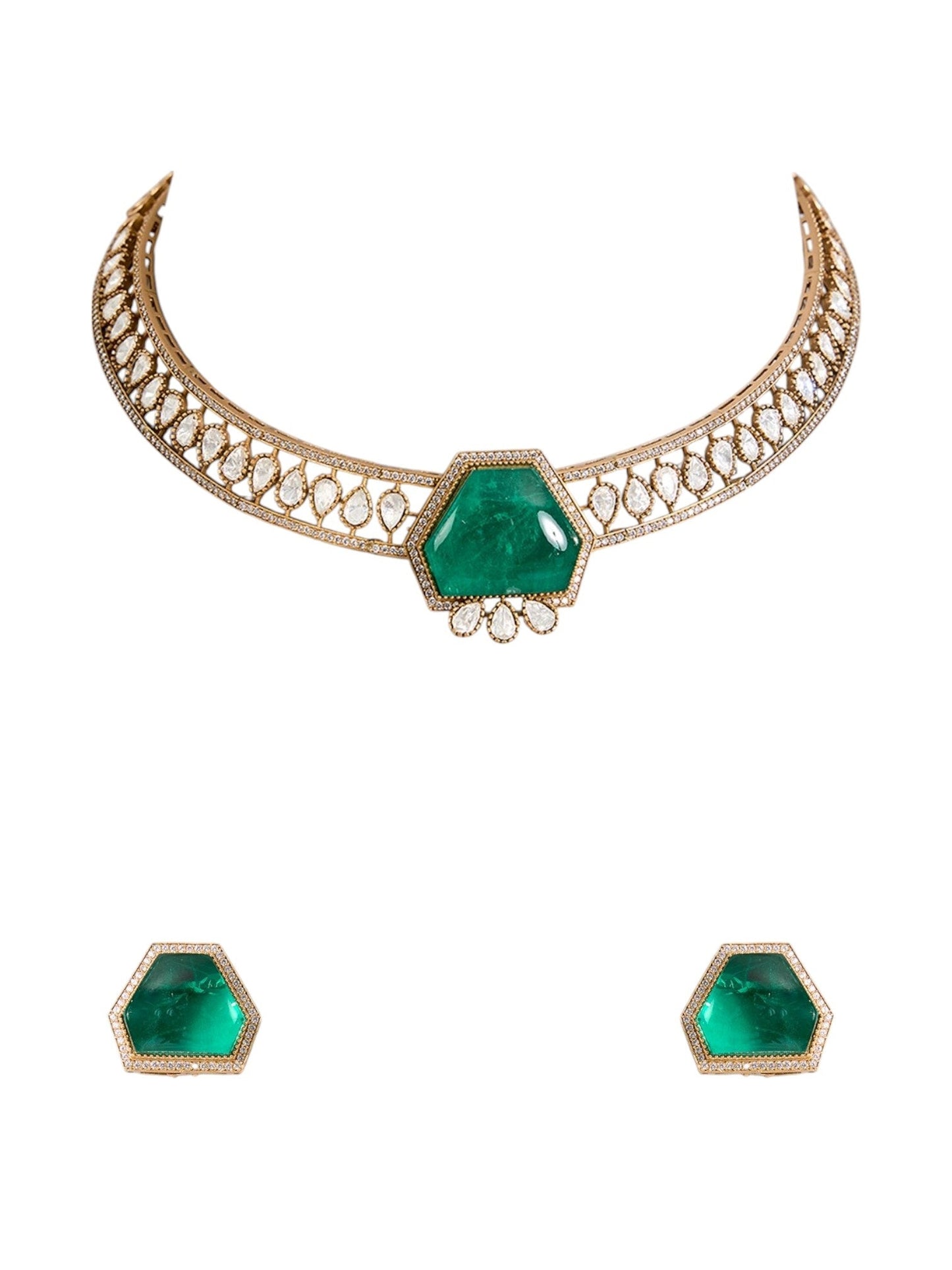 Gold Finish Kundan Polki & Emerald Stone Choker Necklace Set - Auraa Trends - Necklace - - Auraa Trends - Gold Finish Choker Necklace with Uncut Kundan Polki and Emerald Stones Traditional Kundan Polki Choker Set with Matching Earrings Bridal Emerald and Kundan Polki Choker Necklace for Women Festive Wear Gold Choker Necklace with Polki Stones