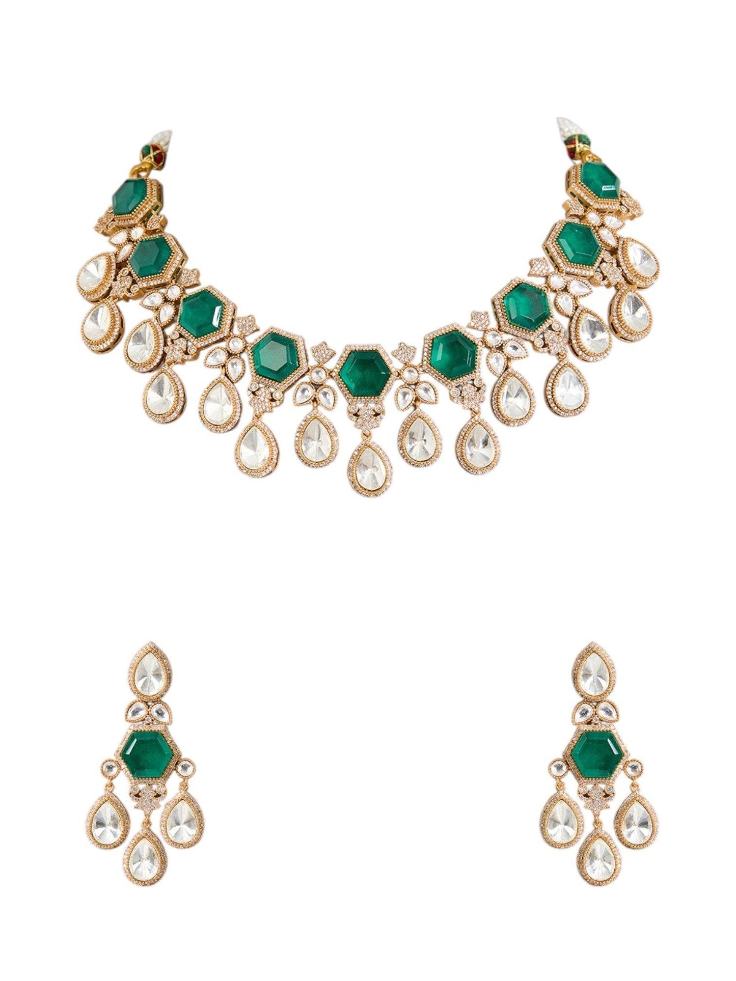 Gold Finish Kundan Polki & Emerald Stone Choker Necklace Set - Auraa Trends