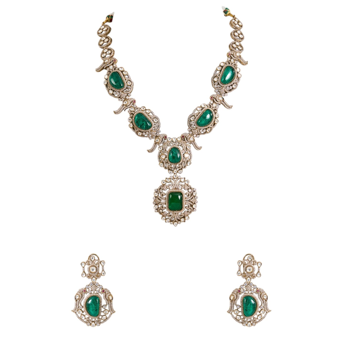 Gold Finish Kundan Polki & Emerald Stone Necklace Set - Auraa Trends - Hathphool - - Auraa Trends - Gold Finish Kundan Polki & Emerald Stone Necklace Set
