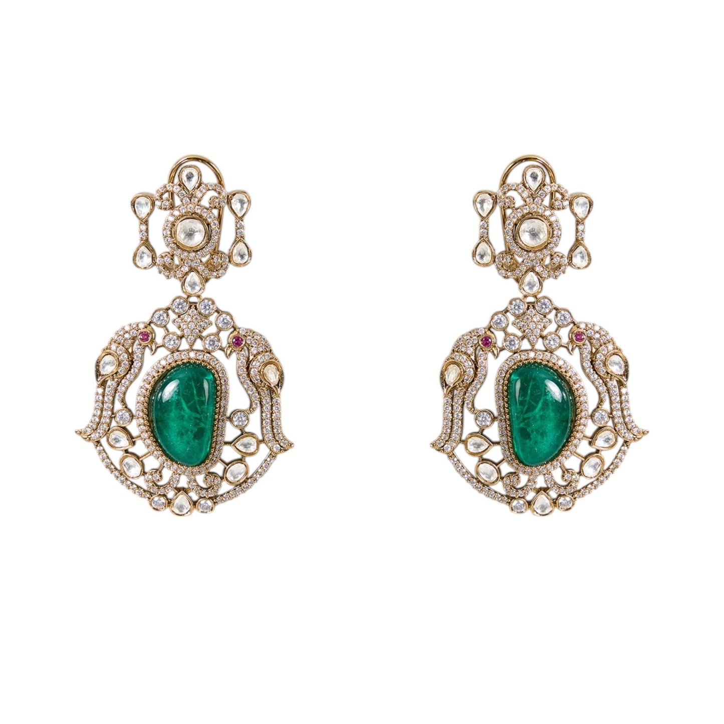 Gold Finish Kundan Polki & Emerald Stone Necklace Set - Auraa Trends - Hathphool - - Auraa Trends - Gold Finish Kundan Polki & Emerald Stone Necklace Set