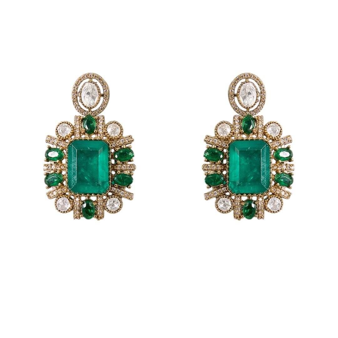 Gold Finish Kundan Polki & Emerald Stone Statement Necklace Set - Auraa Trends