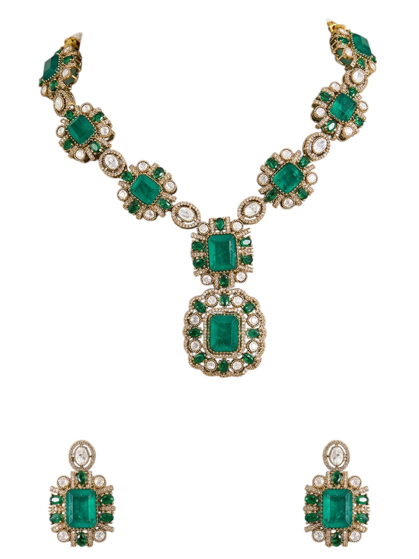 Gold Finish Kundan Polki & Emerald Stone Statement Necklace Set - Auraa Trends - Necklace - - Auraa Trends - Gold Finish Kundan Polki & Emerald Stone Statement Necklace Set