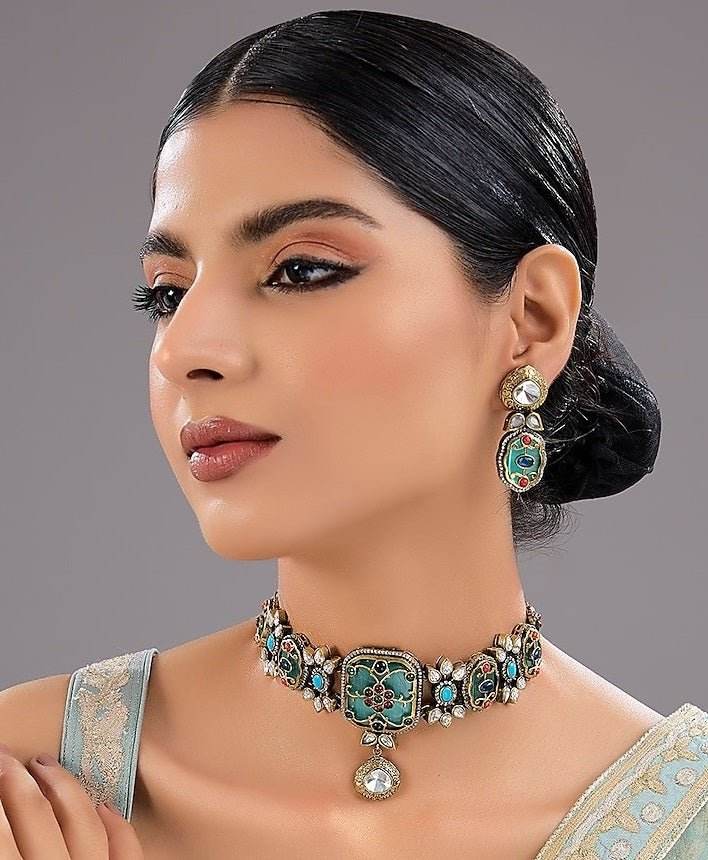 Gold Finish Kundan Polki & Green Stone Choker Necklace Set - Auraa Trends