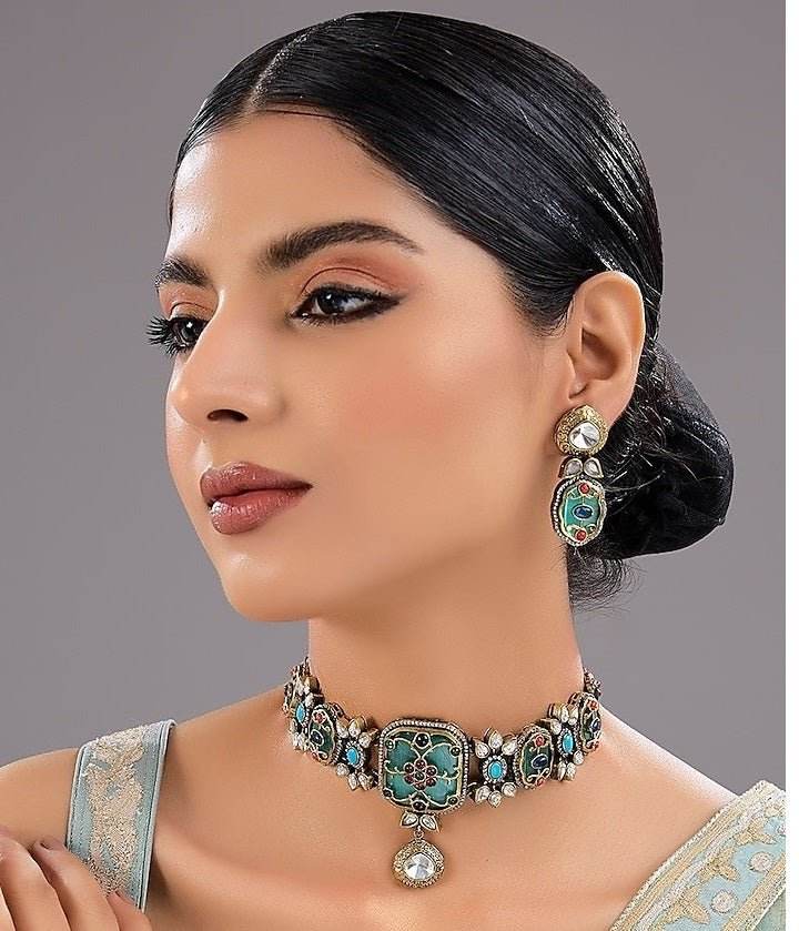 Gold Finish Kundan Polki & Green Stone Choker Necklace Set - Auraa Trends