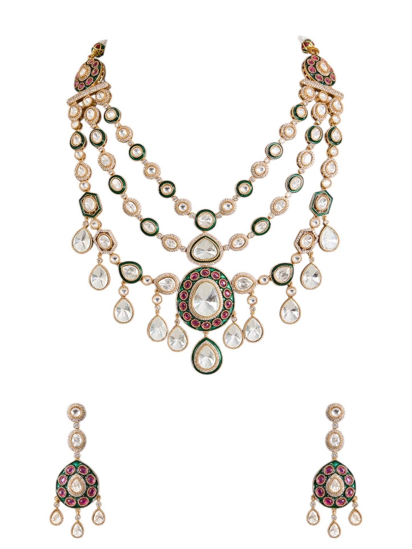 Gold Finish Kundan Polki Layered Necklace Set – Elegant Bridal Jewelry, Indian Necklace - Auraa Trends - Necklace - - Auraa Trends - old finish kundan polki layered necklace with chandbali earrings Traditional kundan polki layered necklace set with gold finish Festive gold finish layered necklace with matching chandbali earrings Bridal kundan polki layered necklace and earrings set in mixed metal
