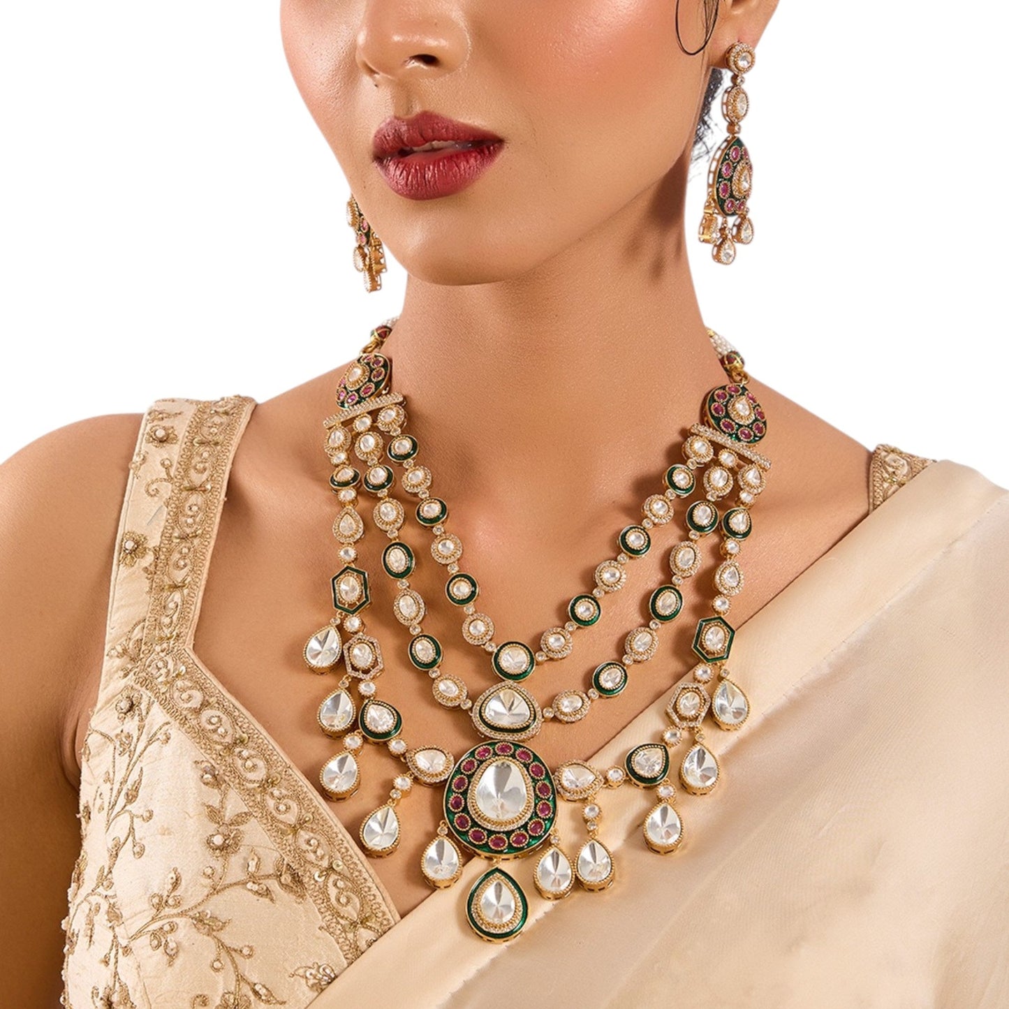 Gold Finish Kundan Polki Layered Necklace Set – Elegant Bridal Jewelry, Indian Necklace - Auraa Trends - Necklace - - Auraa Trends - old finish kundan polki layered necklace with chandbali earrings Traditional kundan polki layered necklace set with gold finish Festive gold finish layered necklace with matching chandbali earrings Bridal kundan polki layered necklace and earrings set in mixed metal