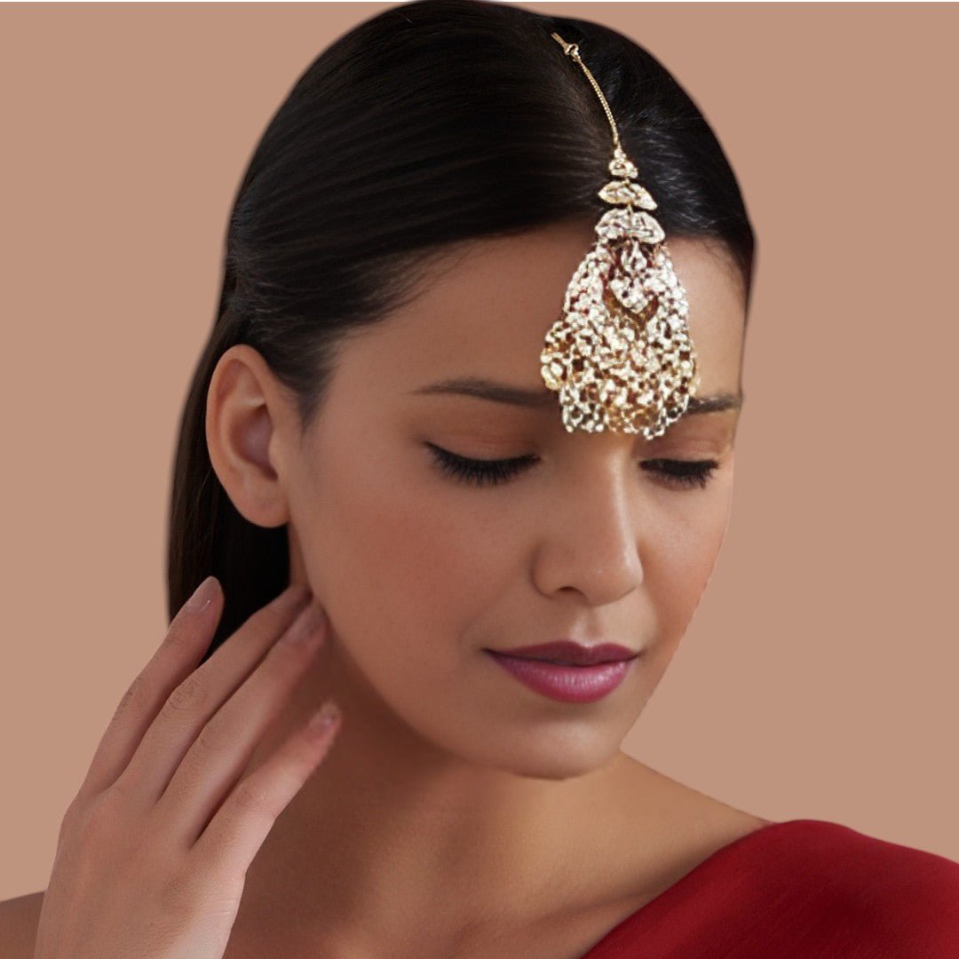 Gold Finish Kundan Polki Maangtikka - Auraa Trends - Maangtika - # - Auraa Trends - Gold Finish Kundan Polki Maangtikka