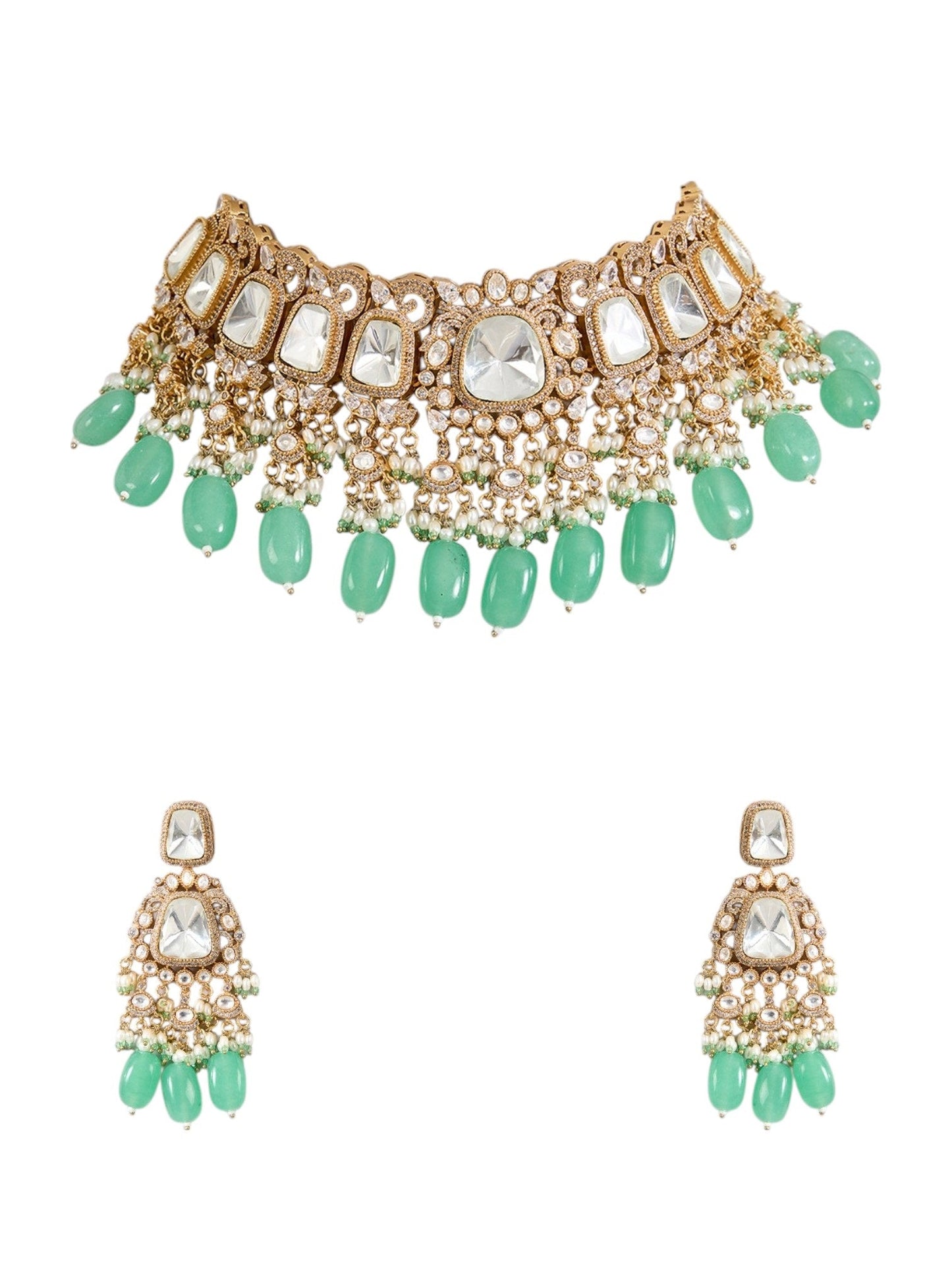 Gold Finish Kundan Polki & Mint Green Beaded Choker Necklace Set - Auraa Trends - Necklace - - Auraa Trends - Gold Finish Kundan Polki Choker with Mint Green Beads Traditional Mint Green Bead Drop Choker Necklace Set Kundan Polki Bridal Choker Necklace with Matching Earrings Gold Choker Necklace Set with Mint Green Drops for Festive Wear