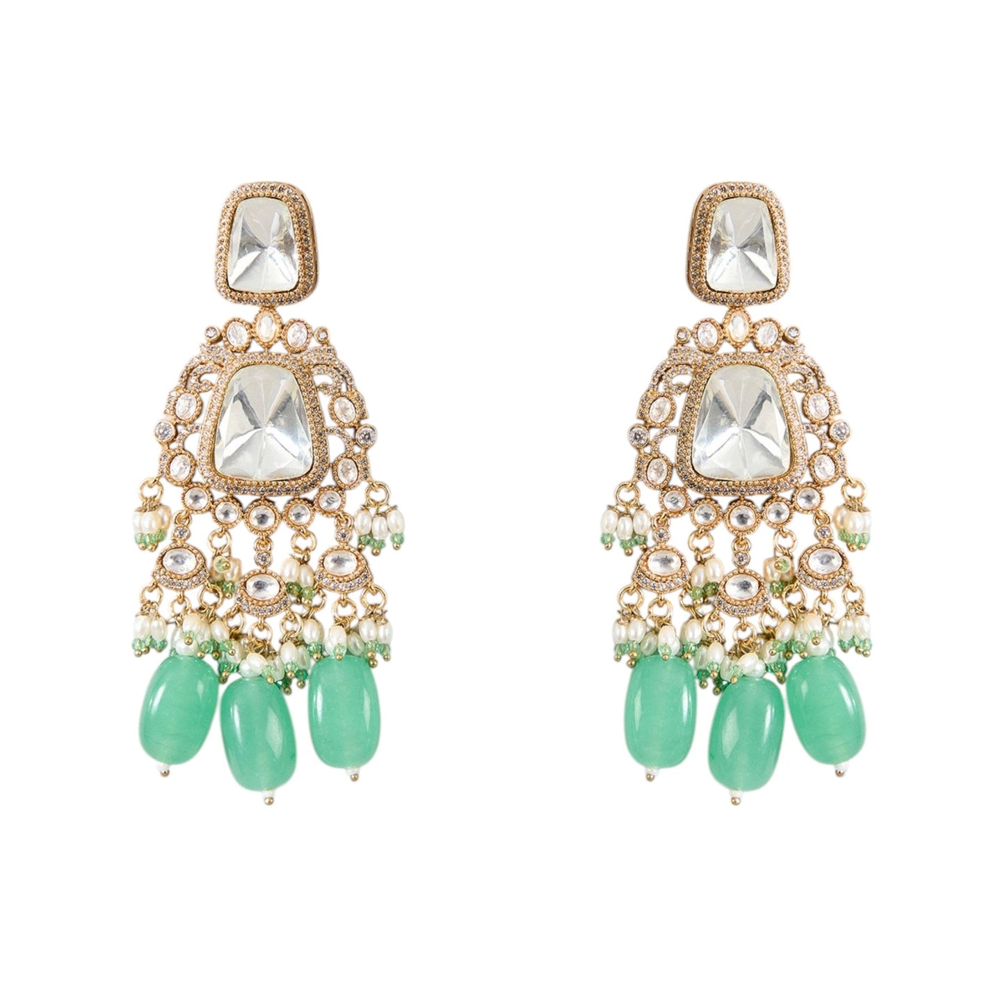 Gold Finish Kundan Polki & Mint Green Beaded Choker Necklace Set - Auraa Trends - Necklace - - Auraa Trends - Gold Finish Kundan Polki Choker with Mint Green Beads Traditional Mint Green Bead Drop Choker Necklace Set Kundan Polki Bridal Choker Necklace with Matching Earrings Gold Choker Necklace Set with Mint Green Drops for Festive Wear