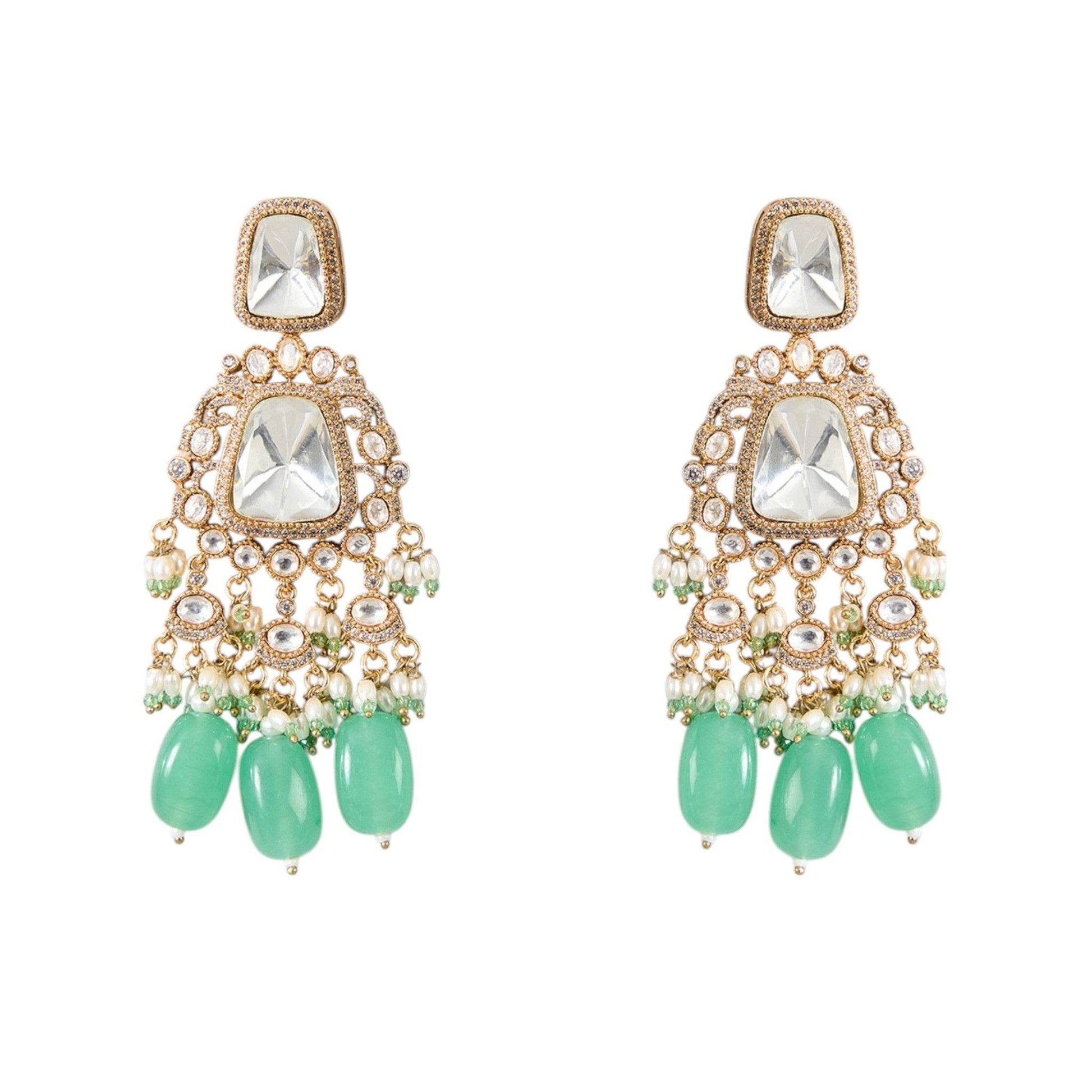 Gold Finish Kundan Polki & Mint Green Beaded Choker Necklace Set - Auraa Trends