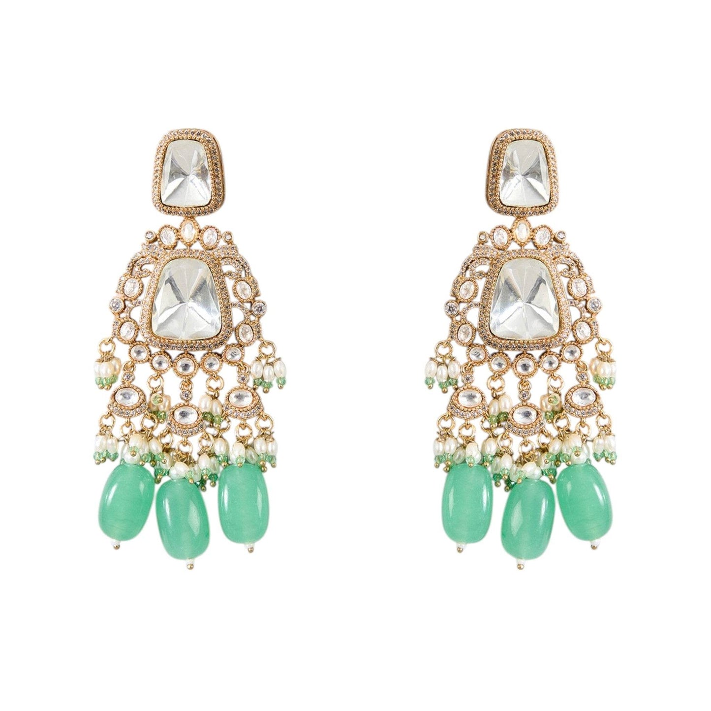 Gold Finish Kundan Polki & Mint Green Beaded Choker Necklace Set - Auraa Trends