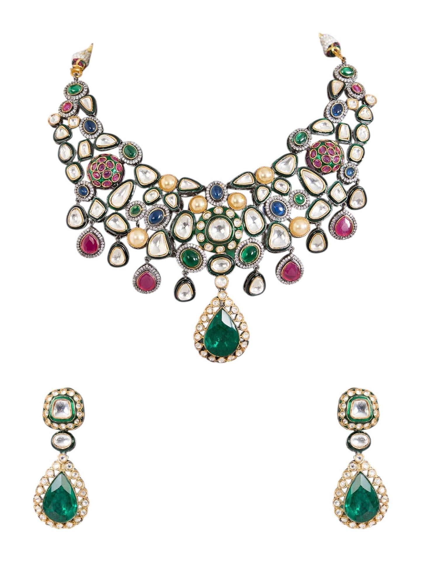 Gold Finish Kundan Polki & Multi - Colored Stone Choker Necklace Set - Auraa Trends - Necklace - - Auraa Trends - Gold finish choker necklace with kundan polki and multicolored stones Multicolor kundan choker necklace set with dangler earrings Traditional Indian bridal necklace with kundan and gemstone detailing Festive kundan polki necklace set in gold with matching earrings
