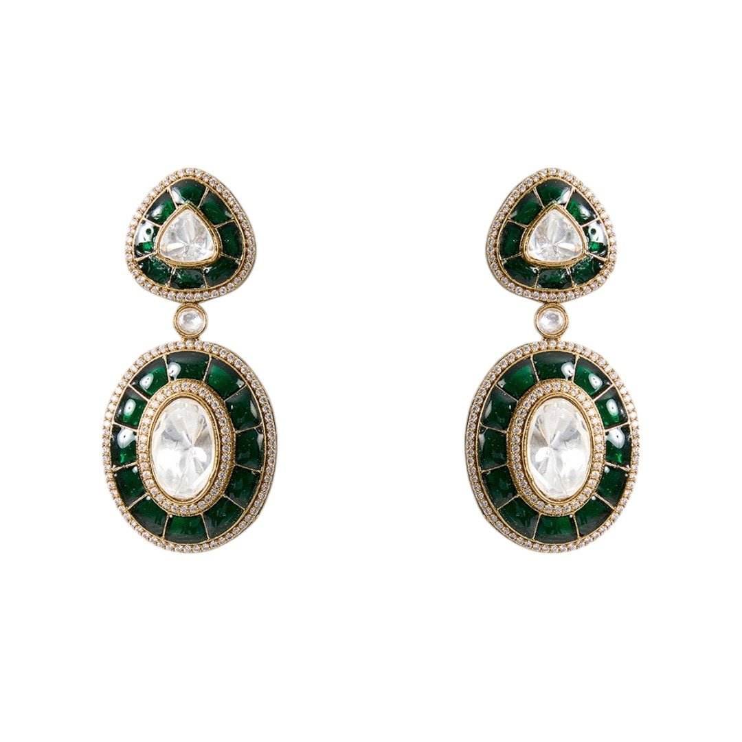 Gold Finish Kundan Polki Necklace Set with Emerald Edge – Bridal Jewelry - Auraa Trends