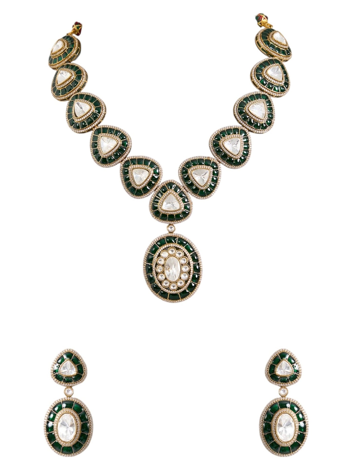 Gold Finish Kundan Polki Necklace Set with Emerald Edge – Bridal Jewelry - Auraa Trends - Necklace - - Auraa Trends - Gold Finish Emerald - Edged Kundan Polki Necklace Set Traditional Bridal Necklace with Matching Earrings Ethnic Indian Necklace Set with Emerald and Kundan Stones Mixed Metal Kundan Polki Necklace for Festive Wear