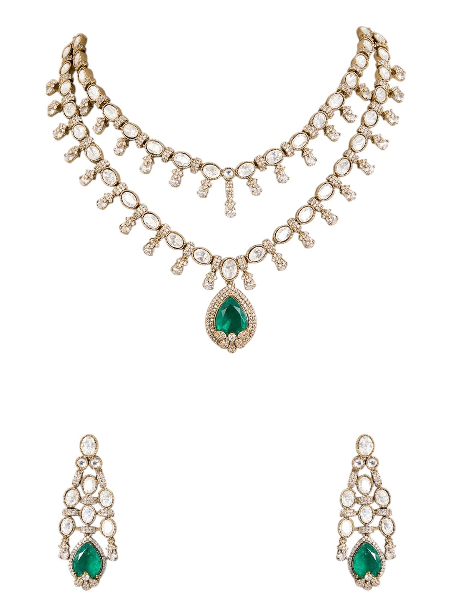 Gold Finish Kundan Polki Necklace Set with Emerald Green Drops – Bridal & Festive Jewelry - Auraa Trends - Necklace - - Auraa Trends - Gold finish Kundan Polki necklace set with emerald green teardrop Indian bridal necklace with green drop and matching earrings Festive Kundan Polki jewelry set with emerald pendant Traditional gold plated necklace set with dangler earrings