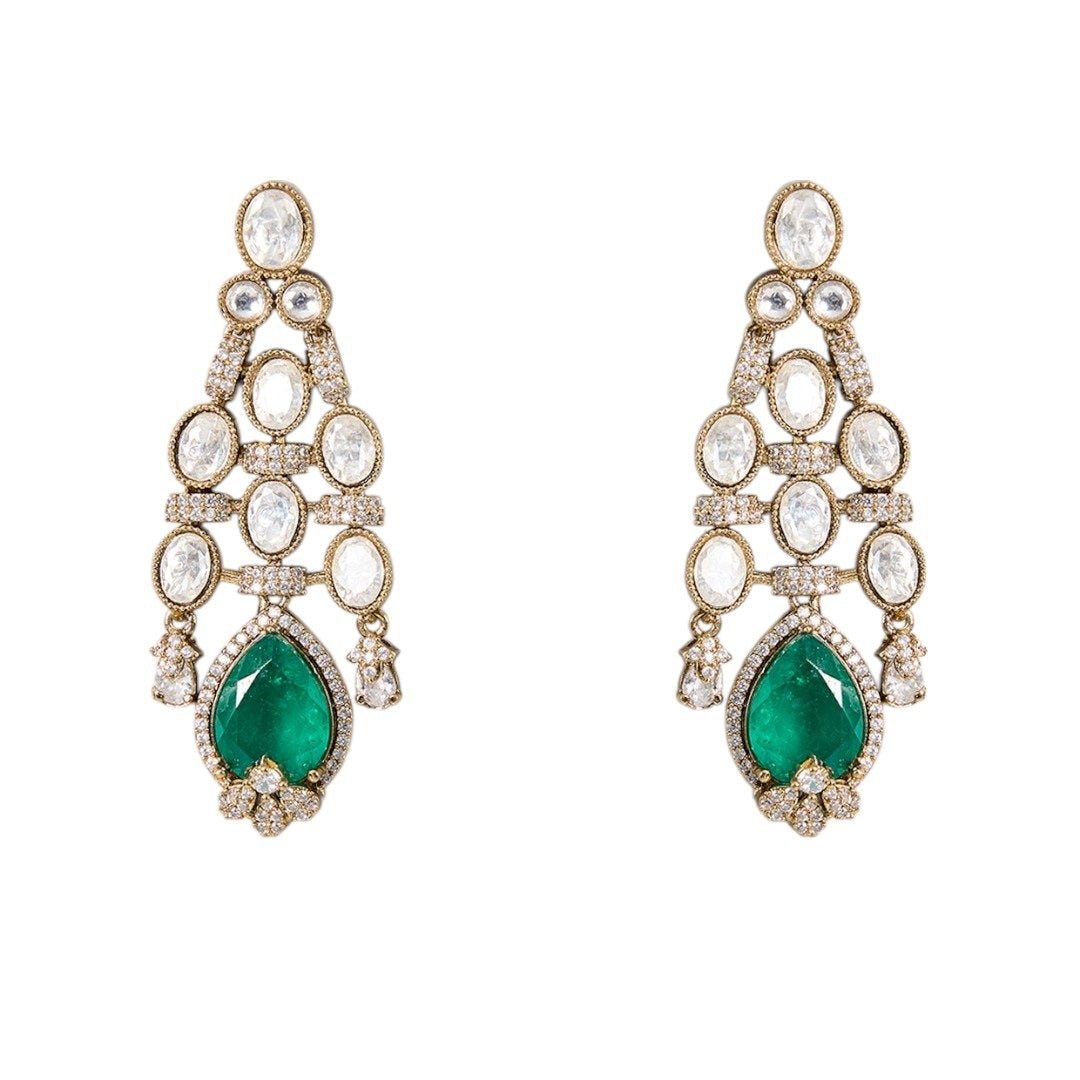 Gold Finish Kundan Polki Necklace Set with Emerald Green Drops – Bridal & Festive Jewelry - Auraa Trends - Necklace - - Auraa Trends - Gold finish Kundan Polki necklace set with emerald green teardrop Indian bridal necklace with green drop and matching earrings Festive Kundan Polki jewelry set with emerald pendant Traditional gold plated necklace set with dangler earrings