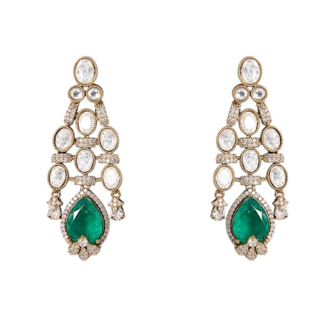 Gold Finish Kundan Polki Necklace Set with Emerald Green Drops – Bridal & Festive Jewelry - Auraa Trends