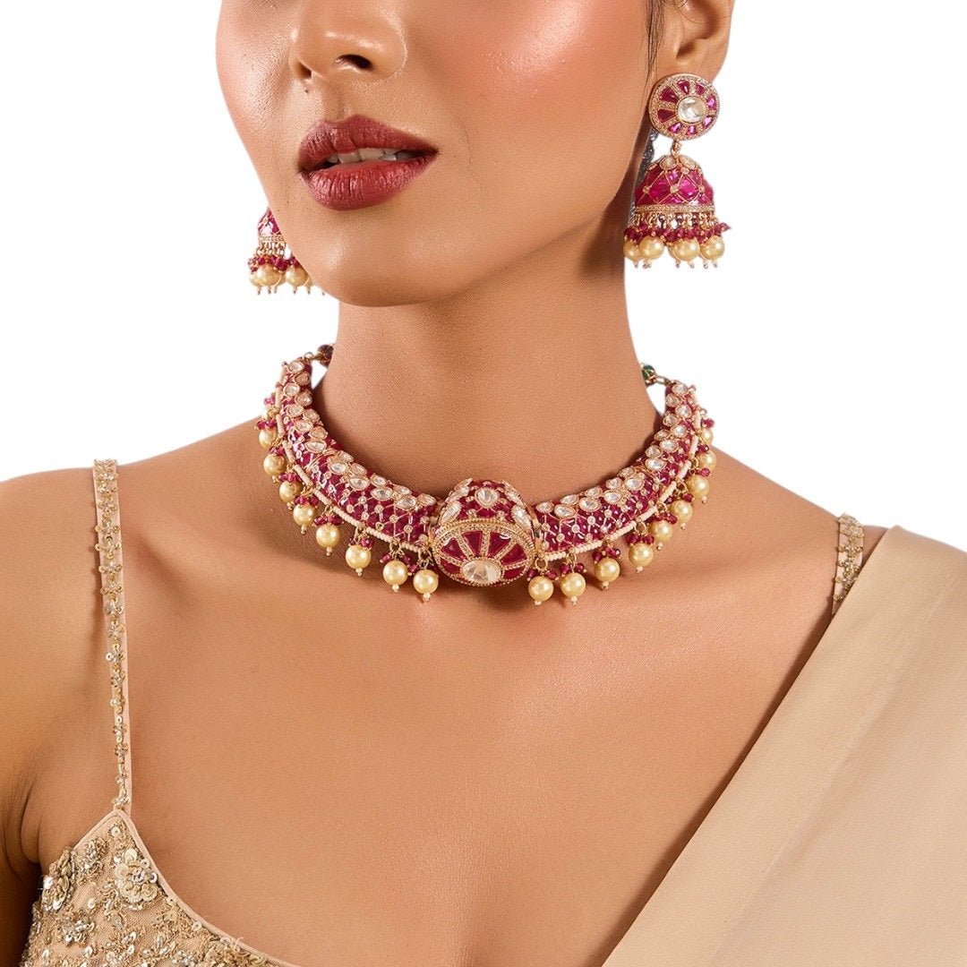 Gold Finish Kundan Polki Necklace Set with Fuchsia Pink Stones โ Choker Style Jewelry for Weddings & Festive Wear - Auraa Trends - necklace - - Auraa Trends - Gold Finish Kundan Polki Necklace Set with Fuchsia Pink Stones โ Choker Style Jewelry for Weddings & Festive Wear