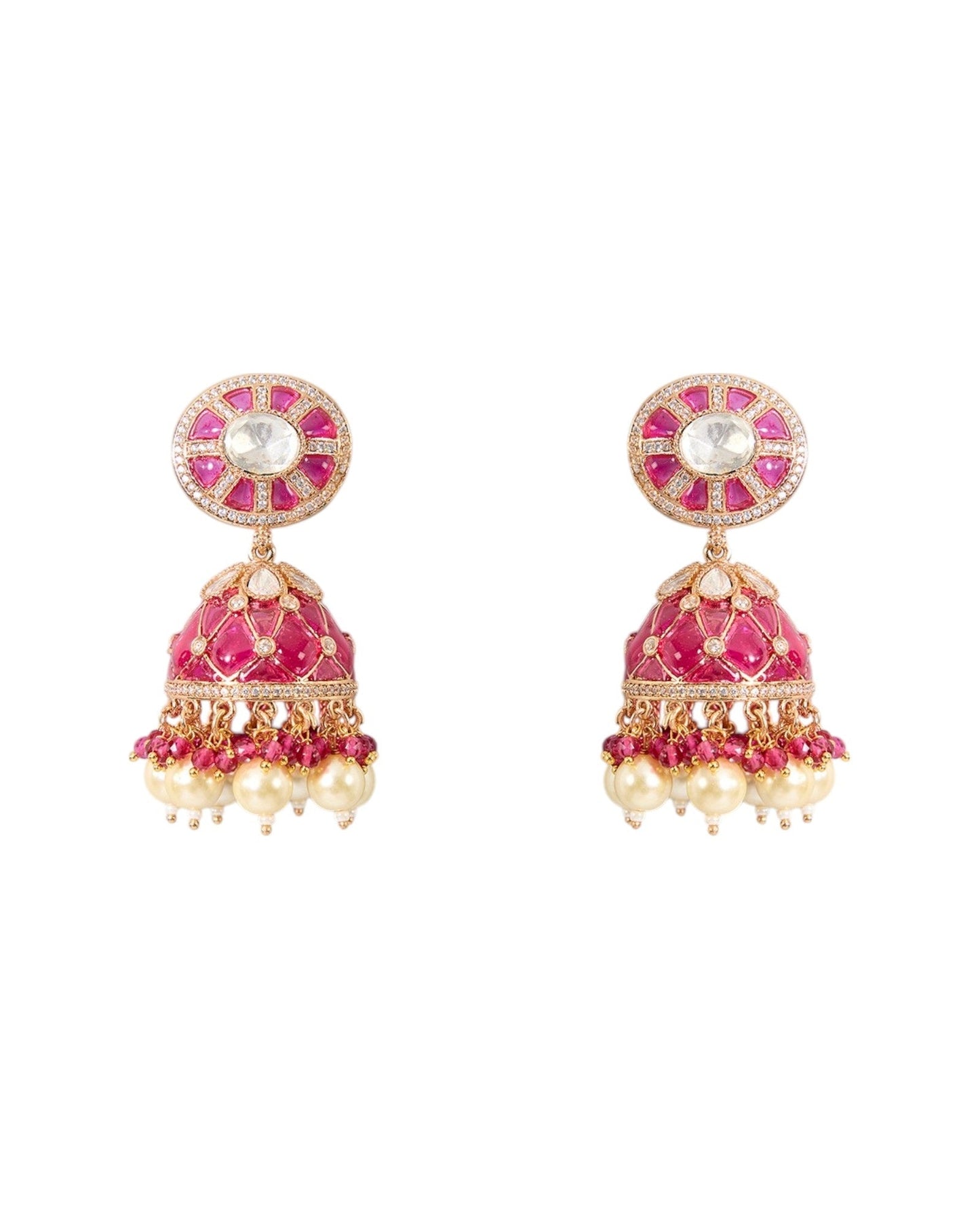 Gold Finish Kundan Polki Necklace Set with Fuchsia Pink Stones โ Choker Style Jewelry for Weddings & Festive Wear - Auraa Trends - necklace - - Auraa Trends - Gold Finish Kundan Polki Necklace Set with Fuchsia Pink Stones โ Choker Style Jewelry for Weddings & Festive Wear