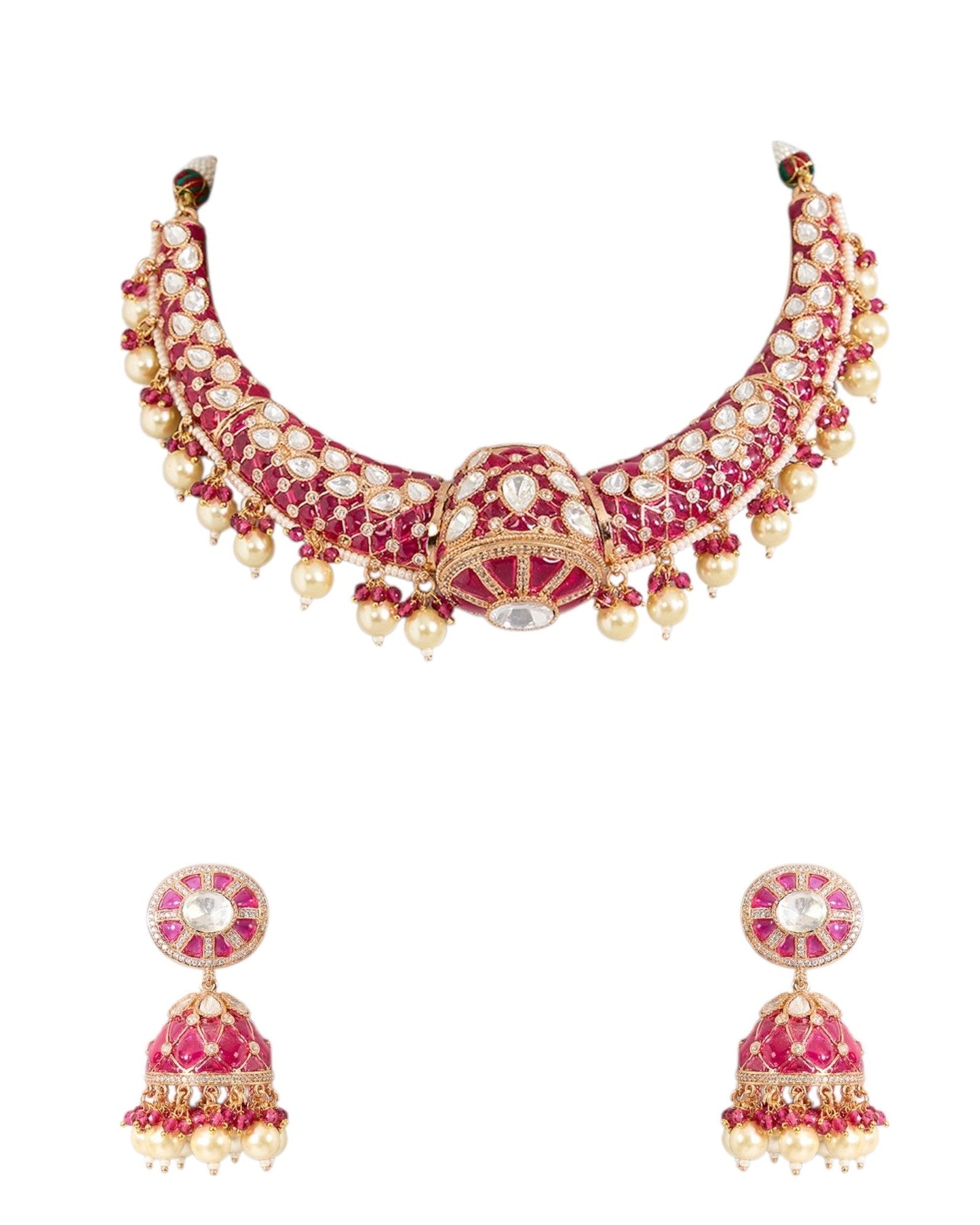 Gold Finish Kundan Polki Necklace Set with Fuchsia Pink Stones โ Choker Style Jewelry for Weddings & Festive Wear - Auraa Trends - necklace - - Auraa Trends - Gold Finish Kundan Polki Necklace Set with Fuchsia Pink Stones โ Choker Style Jewelry for Weddings & Festive Wear