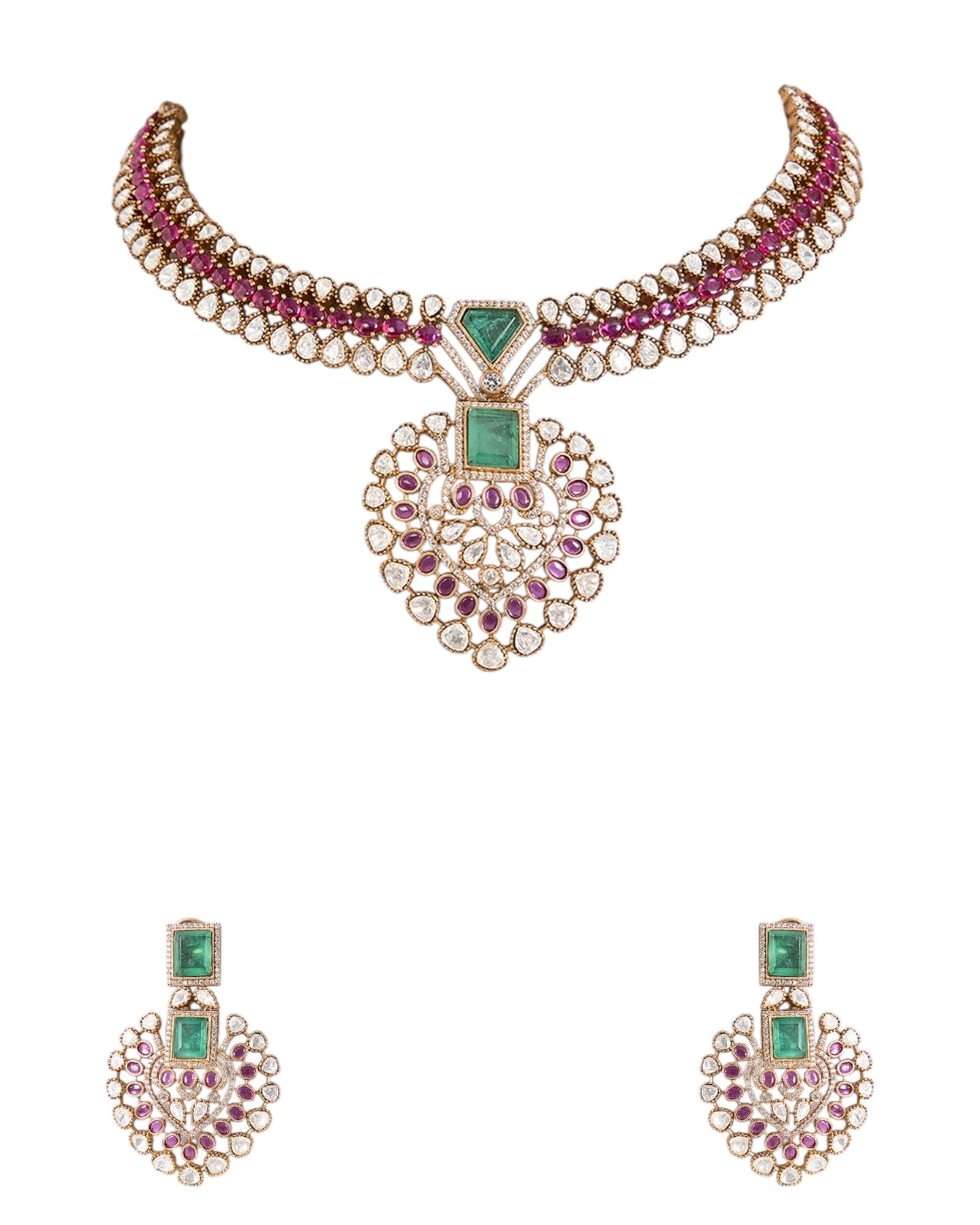 Gold Finish Kundan Polki Necklace Set with Ruby Red Stones – Traditional Pendant Jewelry for Weddings & Festivals - Auraa Trends - Necklace - - Auraa Trends - Gold Finish Kundan Polki Necklace Set with Ruby Red Stones – Traditional Pendant Jewelry for Weddings & Festivals