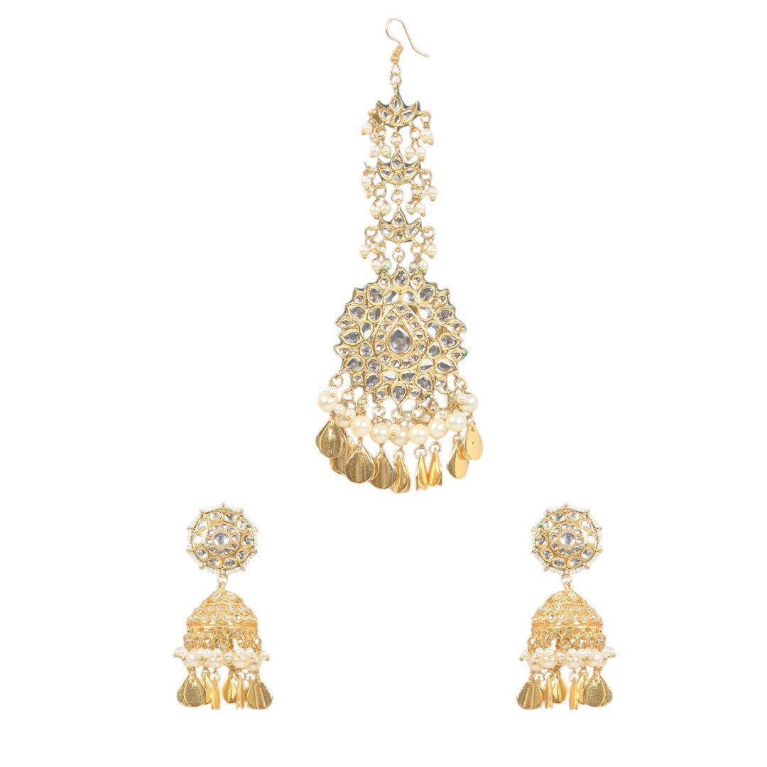 Gold Finish Kundan Polki & Pearl Beaded Dangler Earrings With Maangtikka - Auraa Trends - Maangtika - # - Auraa Trends - Gold Finish Kundan Polki & Pearl Beaded Dangler Earrings With Maangtikka
