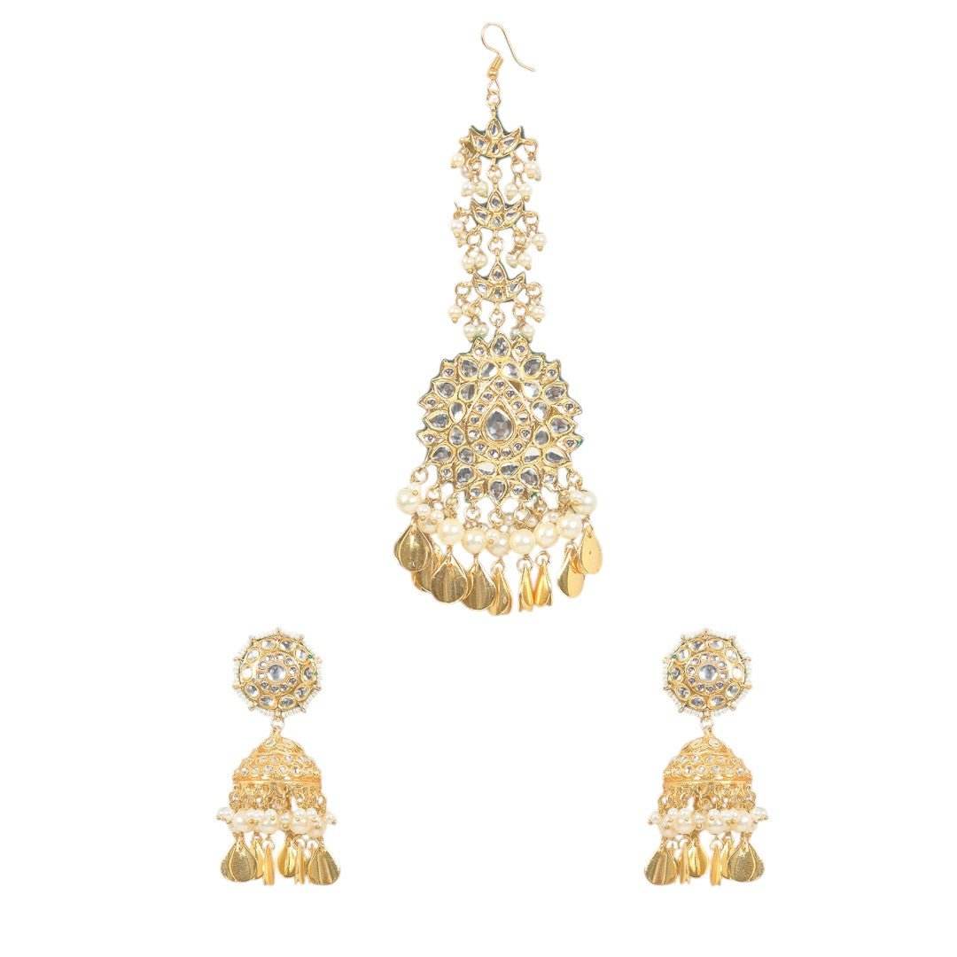 Gold Finish Kundan Polki & Pearl Beaded Dangler Earrings With Maangtikka - Auraa Trends