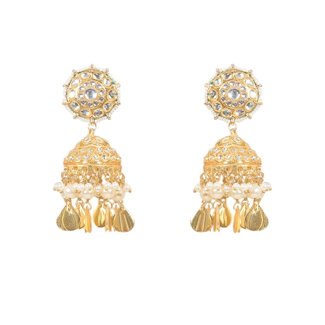 Gold Finish Kundan Polki & Pearl Beaded Dangler Earrings With Maangtikka - Auraa Trends - Maangtika - # - Auraa Trends - Gold Finish Kundan Polki & Pearl Beaded Dangler Earrings With Maangtikka