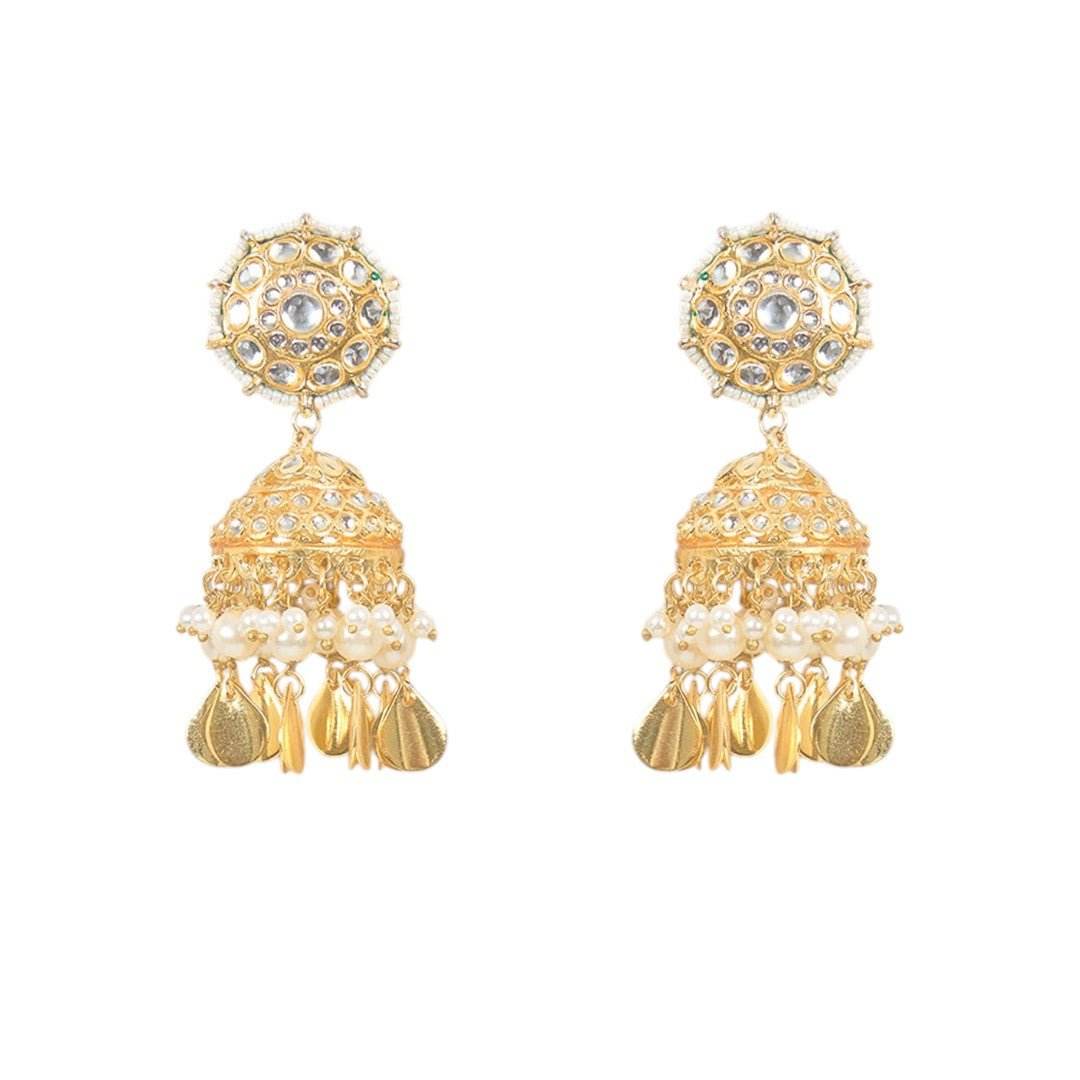 Gold Finish Kundan Polki & Pearl Beaded Dangler Earrings With Maangtikka - Auraa Trends