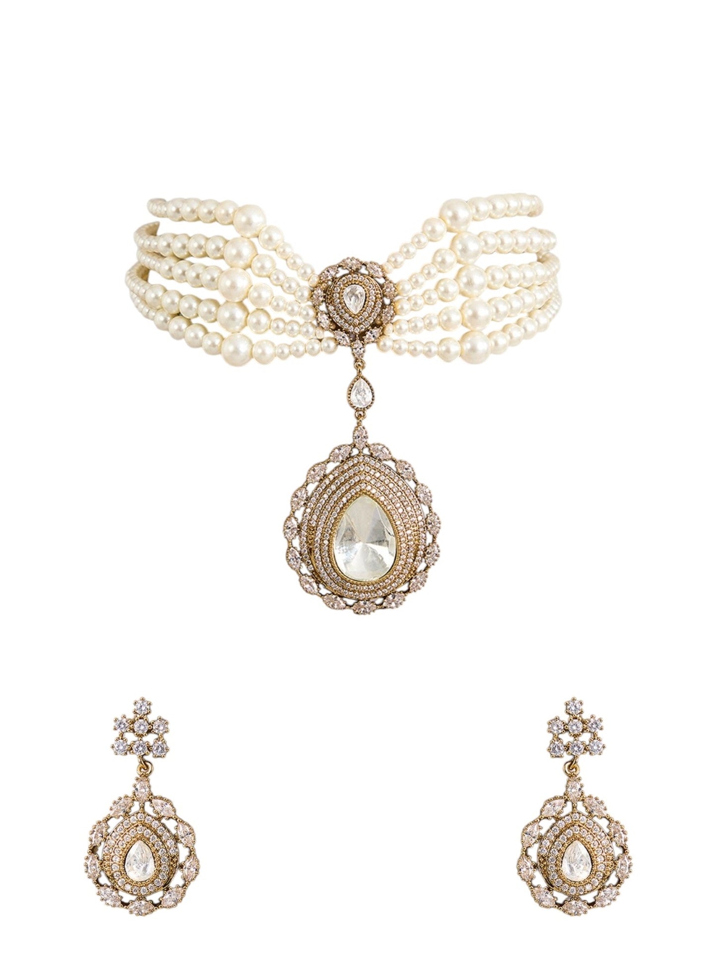 Gold Finish Kundan Polki & Pearl Choker Necklace Set – Indian Bridal Jewelry - Auraa Trends - Necklace - - Auraa Trends - Gold finish Kundan Polki choker necklace with pearls and crystals Bridal choker necklace set with matching earrings Traditional Indian necklace set with gold plating and pearl accents Ethnic festive choker necklace with Kundan and crystal detailing
