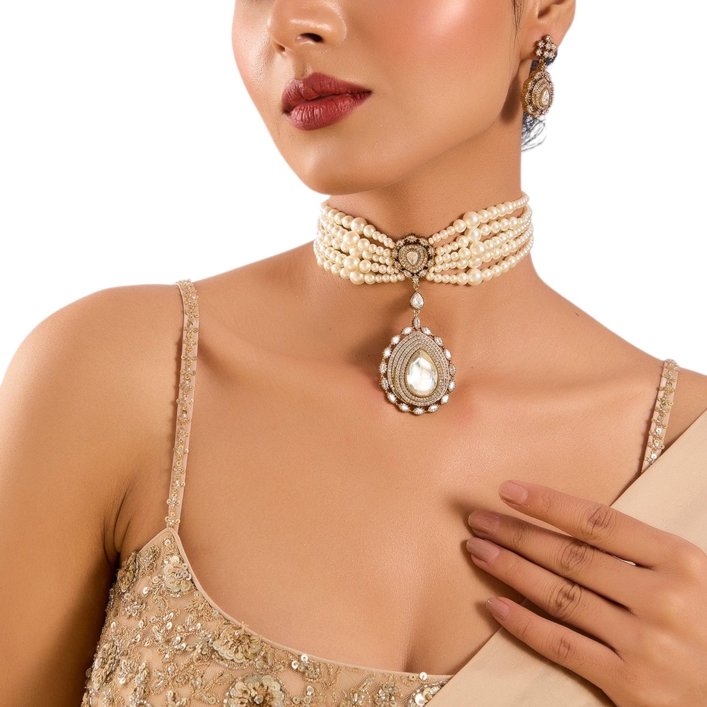 Gold Finish Kundan Polki & Pearl Choker Necklace Set – Indian Bridal Jewelry - Auraa Trends - Necklace - - Auraa Trends - Gold finish Kundan Polki choker necklace with pearls and crystals Bridal choker necklace set with matching earrings Traditional Indian necklace set with gold plating and pearl accents Ethnic festive choker necklace with Kundan and crystal detailing