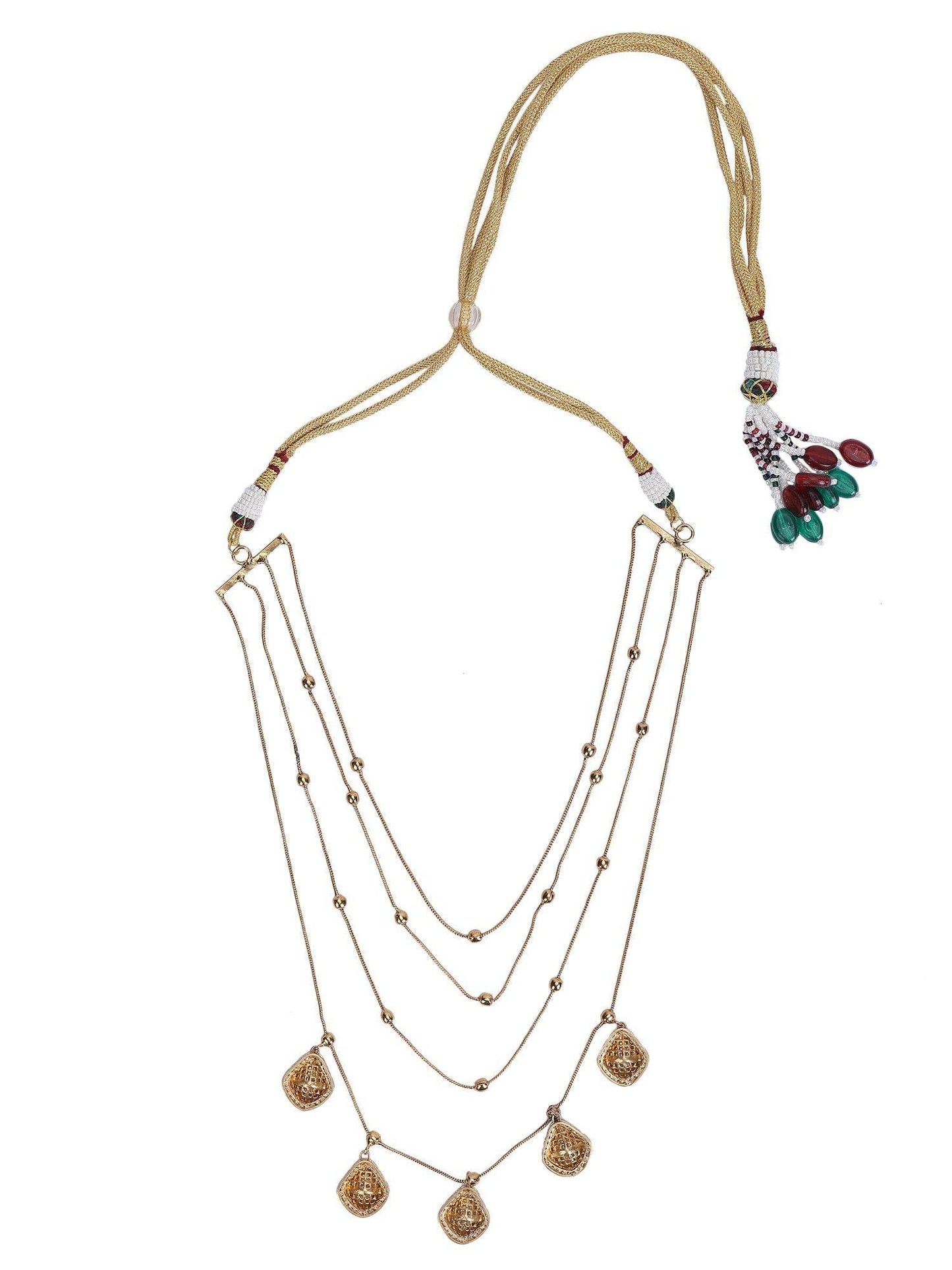 Gold Finish Kundan Polki & Pearl Layered Chain Necklace Set - Auraa Trends