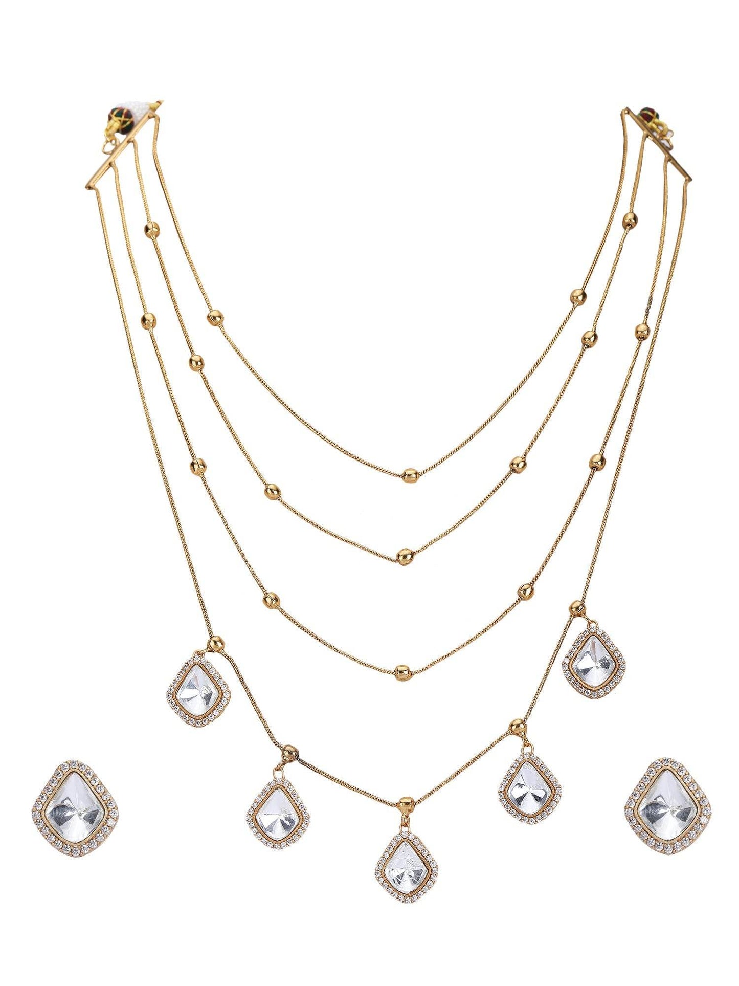 Gold Finish Kundan Polki & Pearl Layered Chain Necklace Set - Auraa Trends