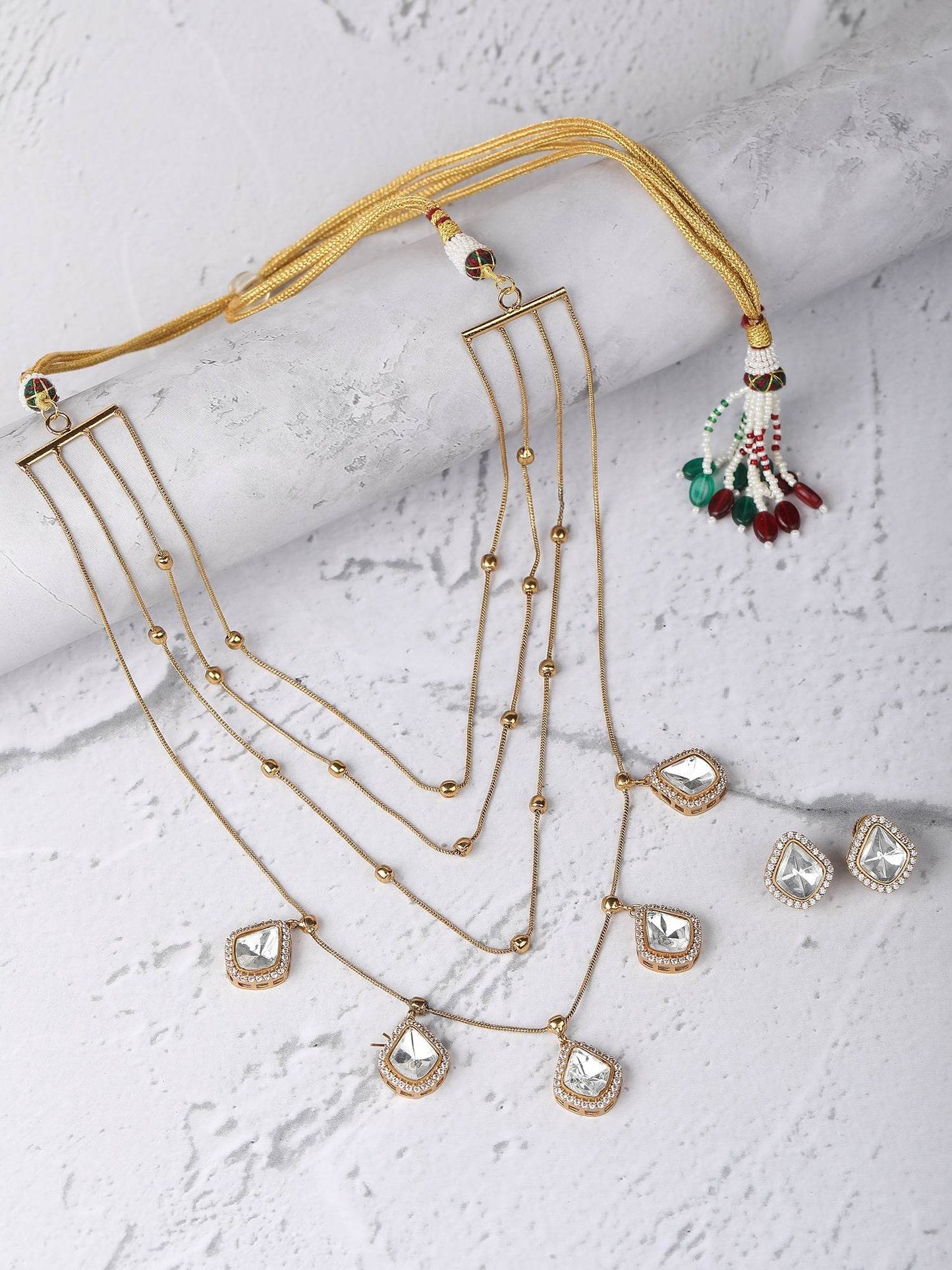 Gold Finish Kundan Polki & Pearl Layered Chain Necklace Set - Auraa Trends