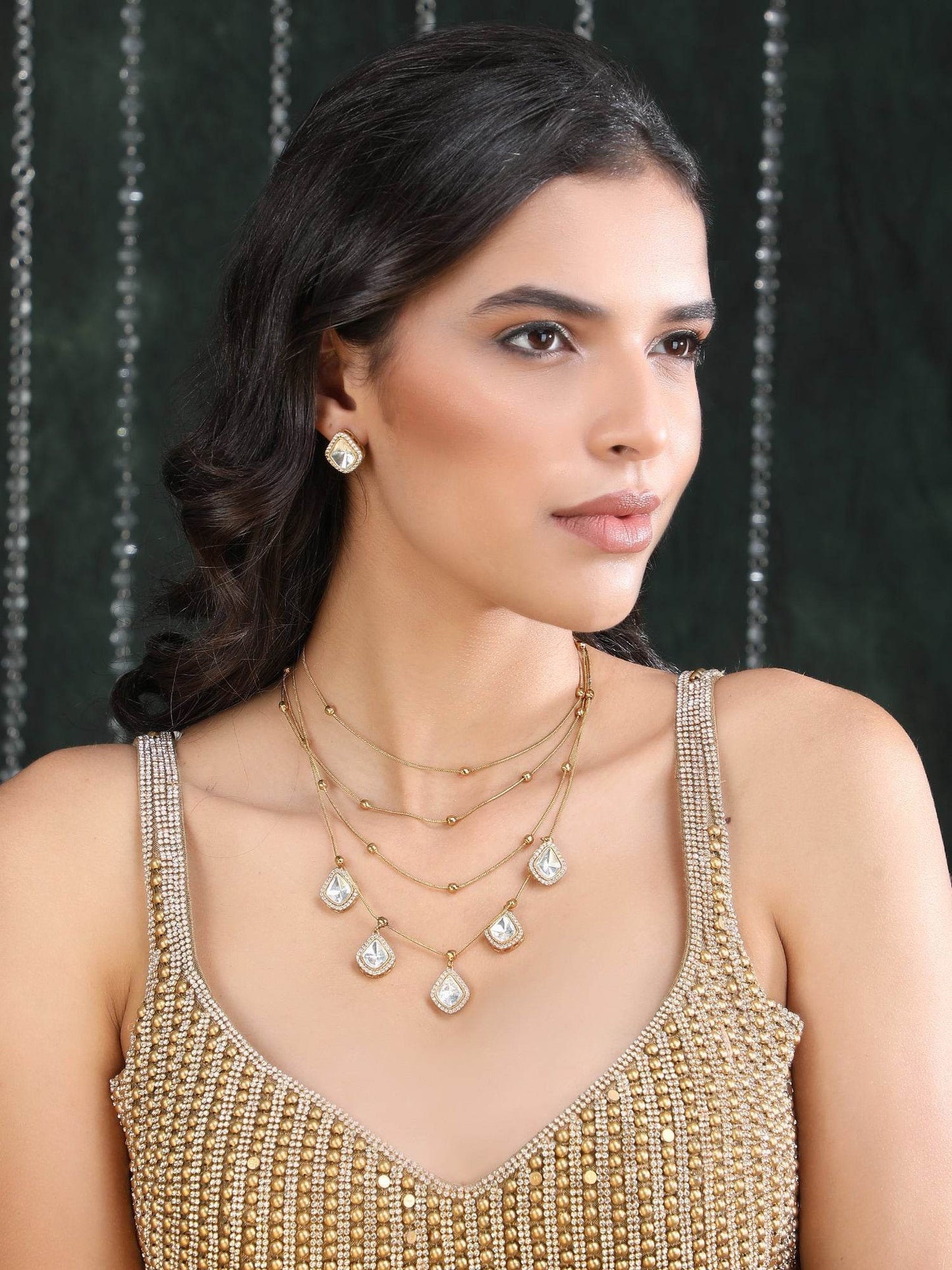 Gold Finish Kundan Polki & Pearl Layered Chain Necklace Set - Auraa Trends