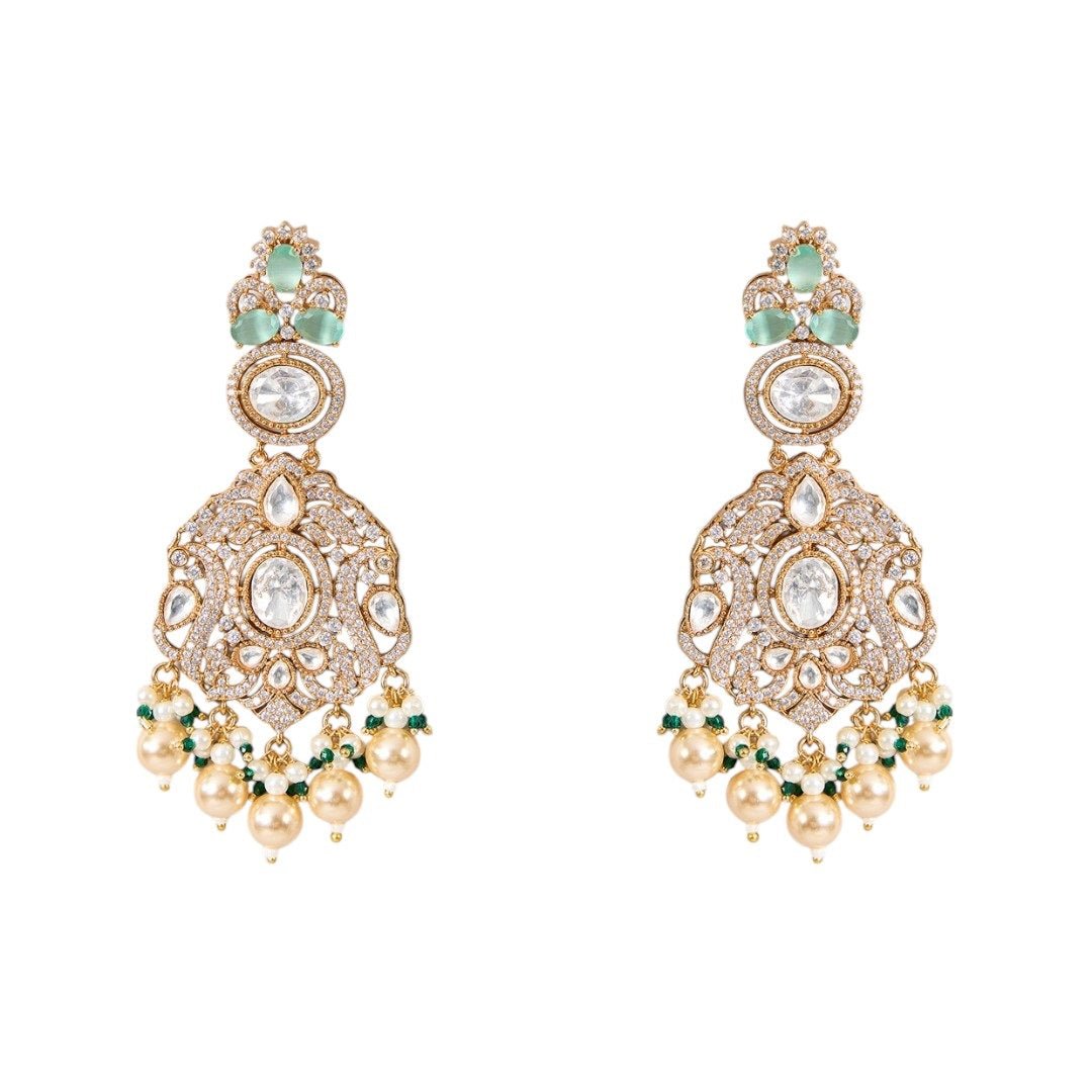 Gold Finish Kundan Polki Pendant Necklace Set with Green Beads – Bridal & Festive Jewelry - Auraa Trends - Necklace - - Auraa Trends - Gold finish pendant necklace with Kundan Polki and green beads Traditional bridal necklace set with pearls and matching danglers Handcrafted Indian necklace for weddings and festive wear Green beaded necklace set with gold plating and earrings