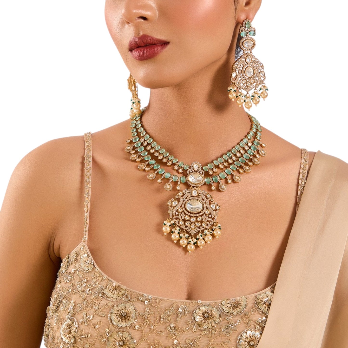 Gold Finish Kundan Polki Pendant Necklace Set with Green Beads – Bridal & Festive Jewelry - Auraa Trends - Necklace - - Auraa Trends - Gold finish pendant necklace with Kundan Polki and green beads Traditional bridal necklace set with pearls and matching danglers Handcrafted Indian necklace for weddings and festive wear Green beaded necklace set with gold plating and earrings