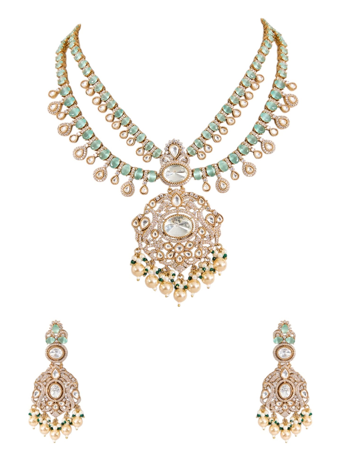 Gold Finish Kundan Polki Pendant Necklace Set with Green Beads – Bridal & Festive Jewelry - Auraa Trends - Necklace - - Auraa Trends - Gold finish pendant necklace with Kundan Polki and green beads Traditional bridal necklace set with pearls and matching danglers Handcrafted Indian necklace for weddings and festive wear Green beaded necklace set with gold plating and earrings