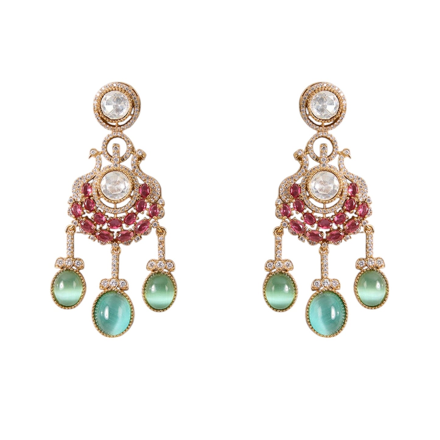 Gold Finish Kundan Polki & Ruby Drop Necklace Set - Auraa Trends - Necklace - - Auraa Trends - Gold Finish Kundan Polki Necklace with Ruby and Emerald Drops Traditional Necklace Set with Matching Earrings for Weddings Bridal Kundan Necklace Set with Green and Red Gemstone Accents
