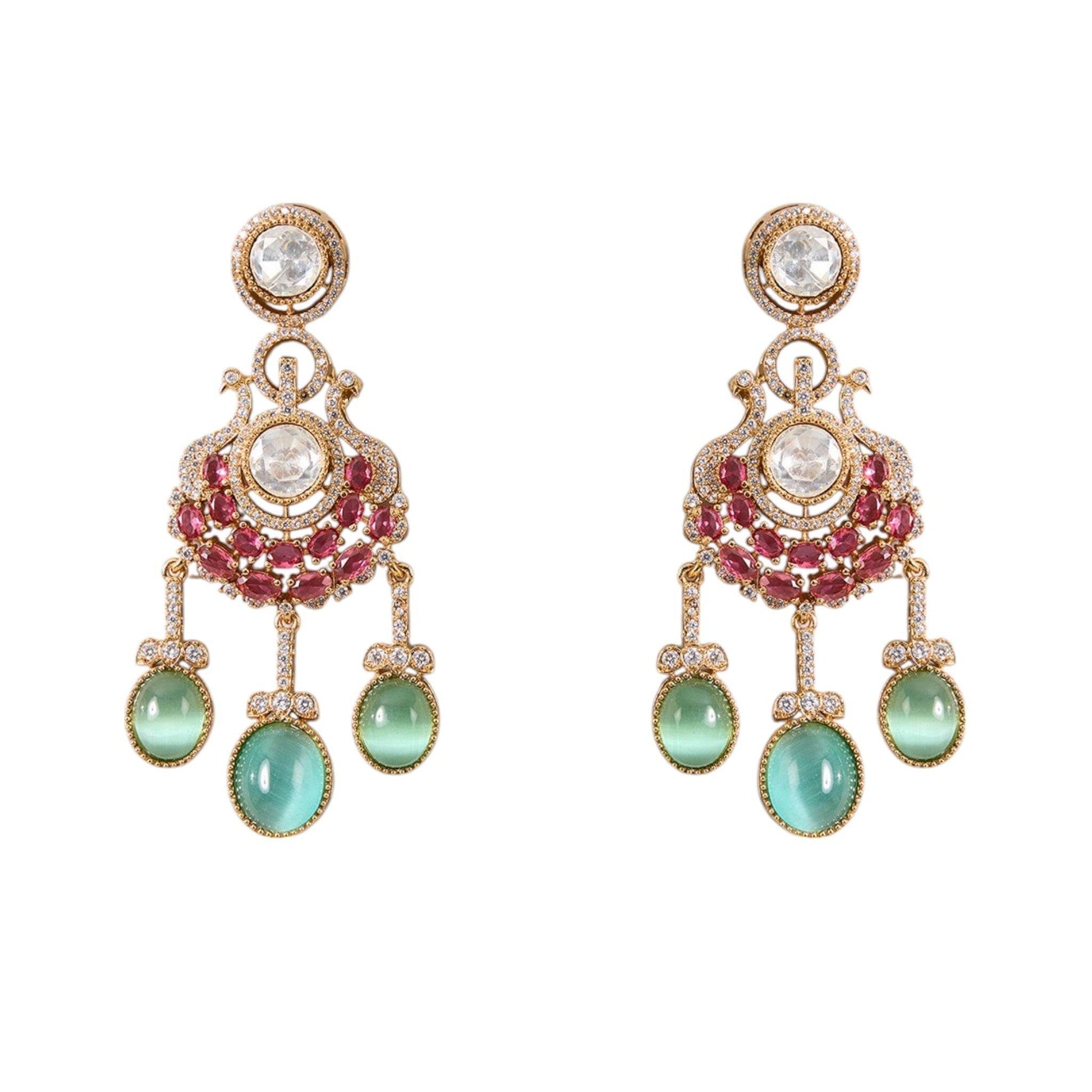 Gold Finish Kundan Polki & Ruby Drop Necklace Set - Auraa Trends