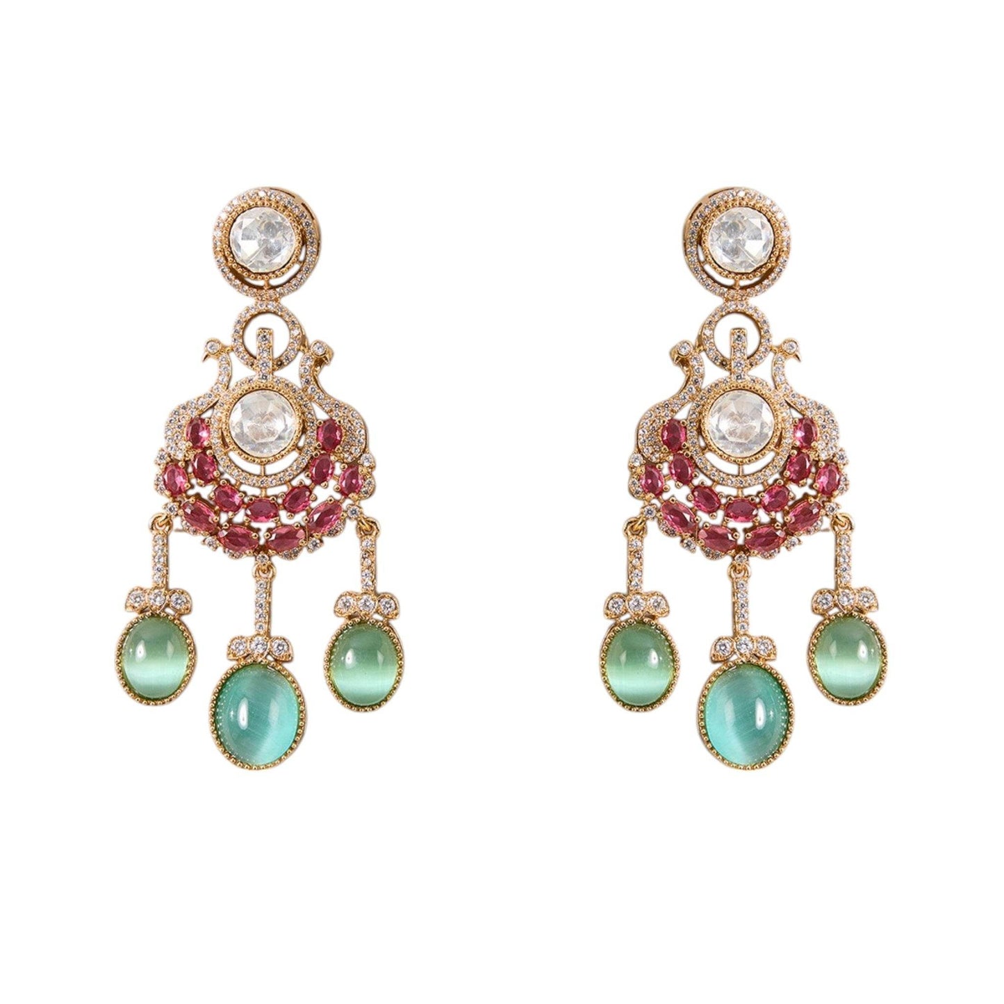 Gold Finish Kundan Polki & Ruby Drop Necklace Set - Auraa Trends