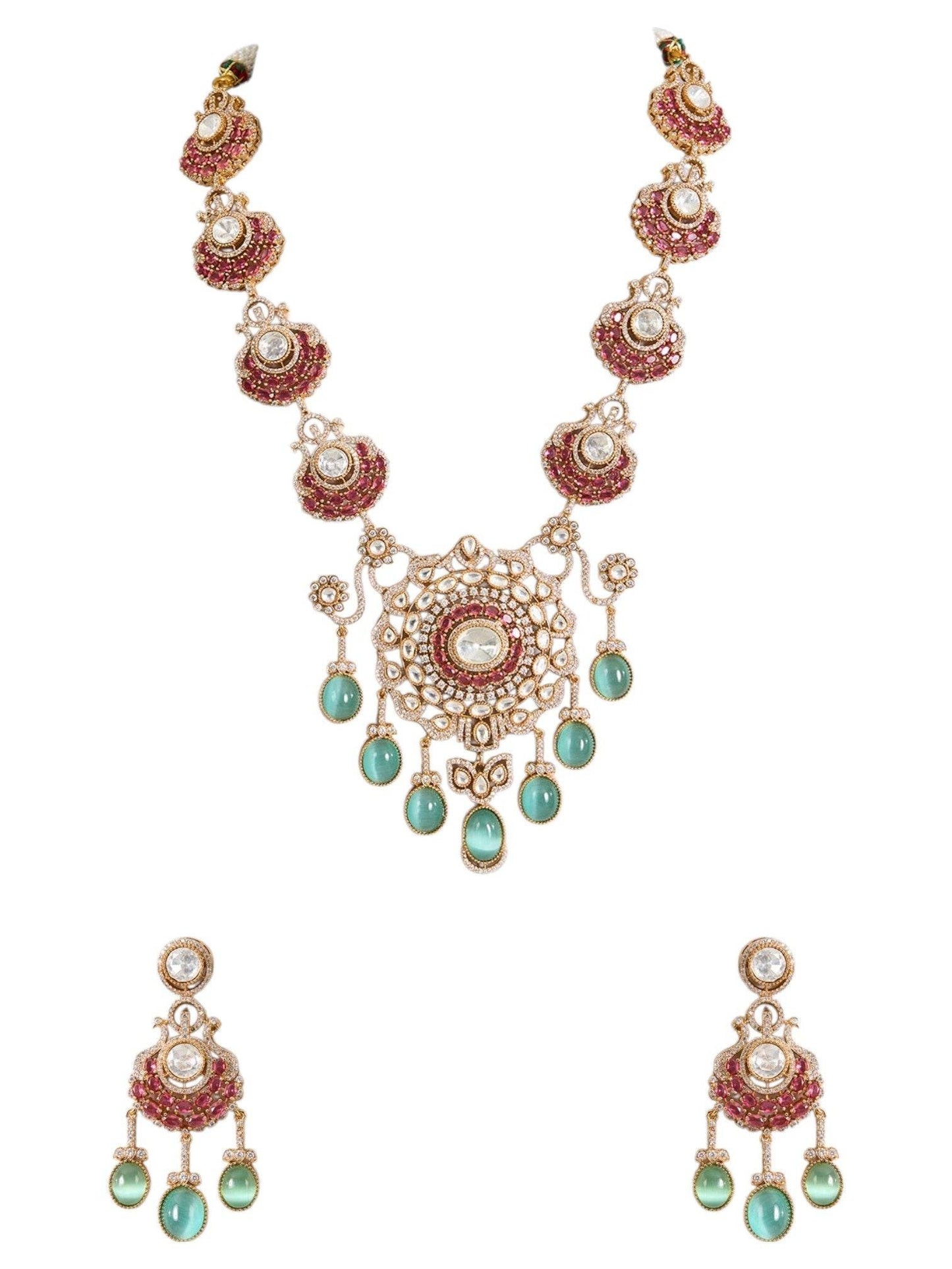 Gold Finish Kundan Polki & Ruby Drop Necklace Set - Auraa Trends