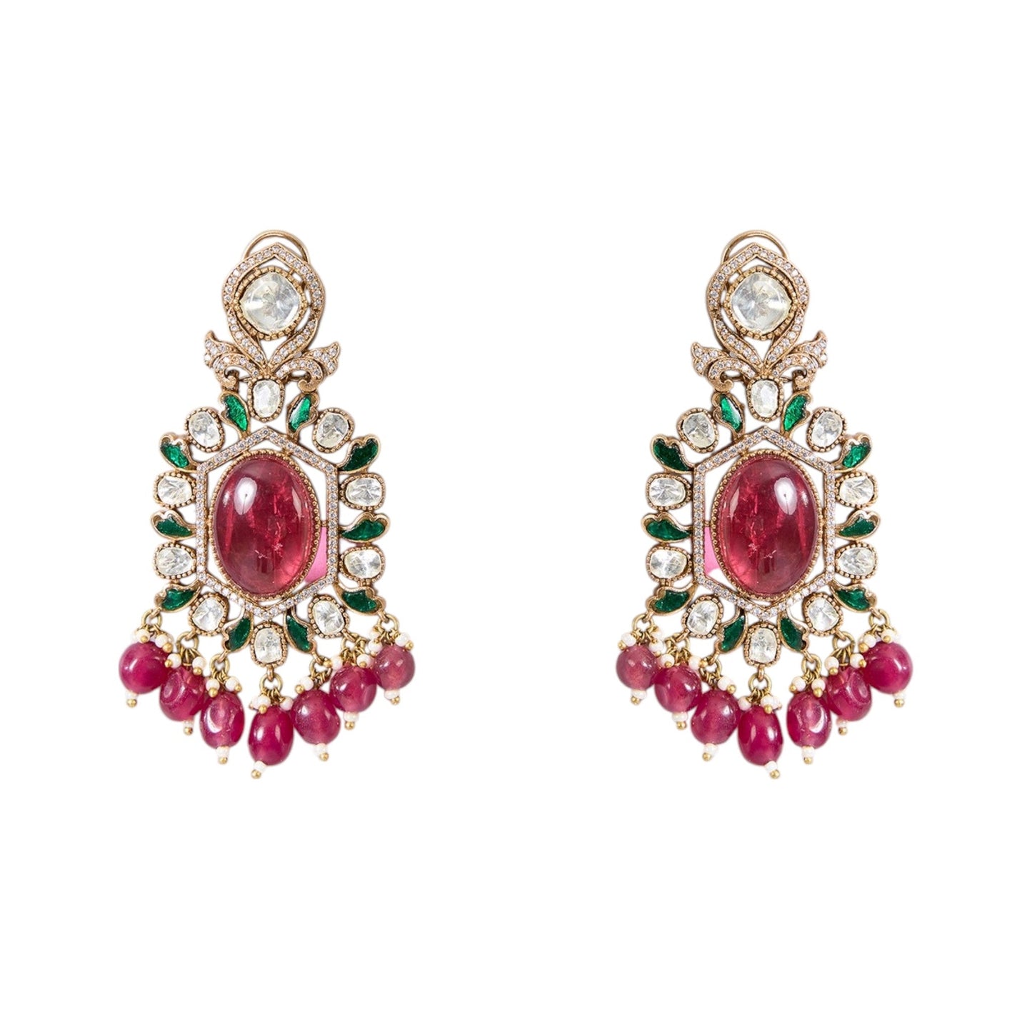 Gold Finish Kundan Polki & Ruby Pink Stone Necklace Set - Auraa Trends - Necklace - - Auraa Trends - "Gold finish kundan polki necklace with ruby pink stones and matching earrings" "Traditional bridal necklace set with ruby pink stones and gold polish" "Kundan polki necklace and earring set for wedding or festive wear"