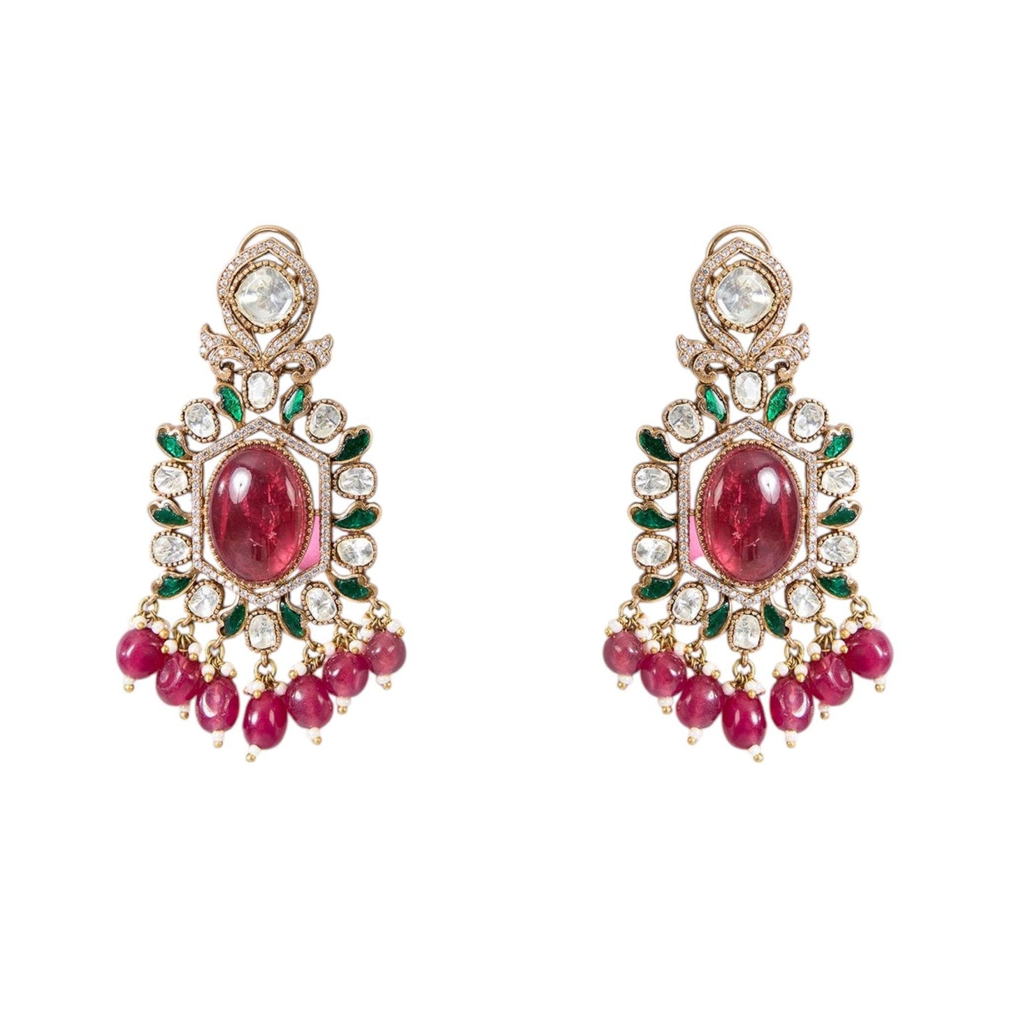 Gold Finish Kundan Polki & Ruby Pink Stone Necklace Set - Auraa Trends