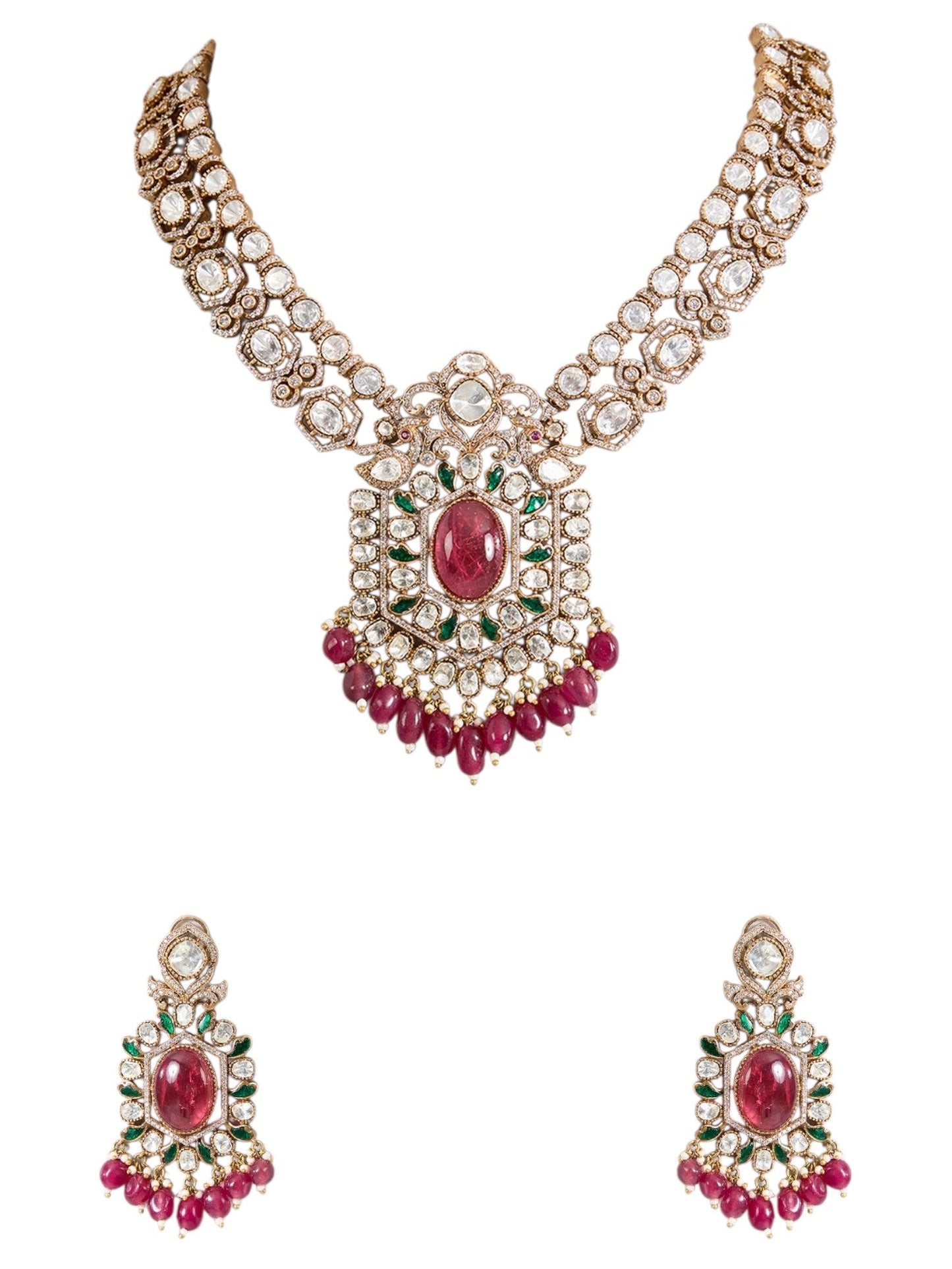 Gold Finish Kundan Polki & Ruby Pink Stone Necklace Set - Auraa Trends - Necklace - - Auraa Trends - "Gold finish kundan polki necklace with ruby pink stones and matching earrings" "Traditional bridal necklace set with ruby pink stones and gold polish" "Kundan polki necklace and earring set for wedding or festive wear"