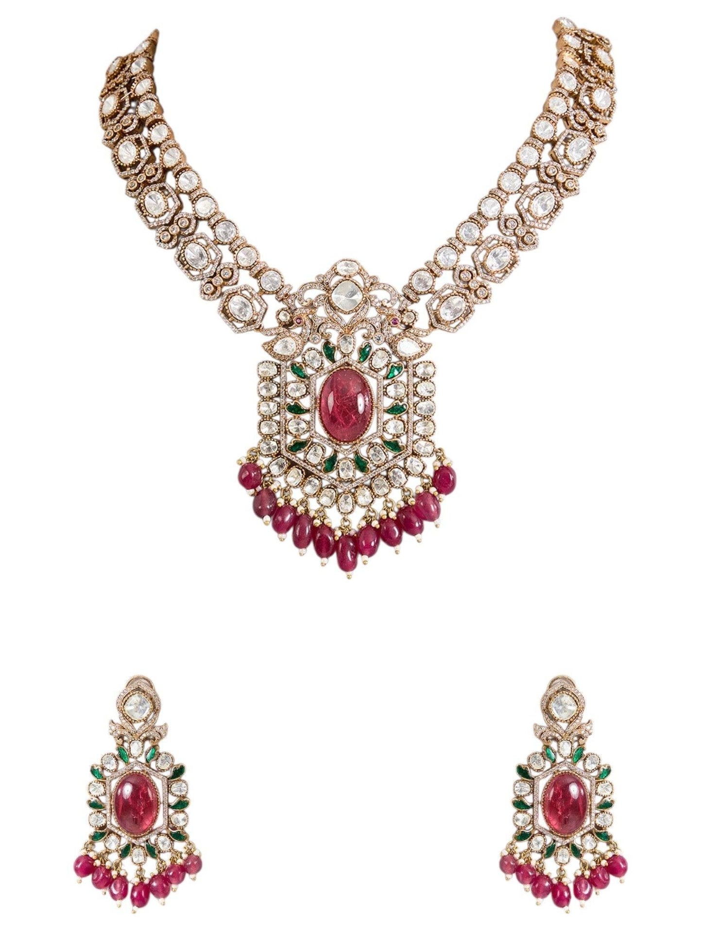 Gold Finish Kundan Polki & Ruby Pink Stone Necklace Set - Auraa Trends